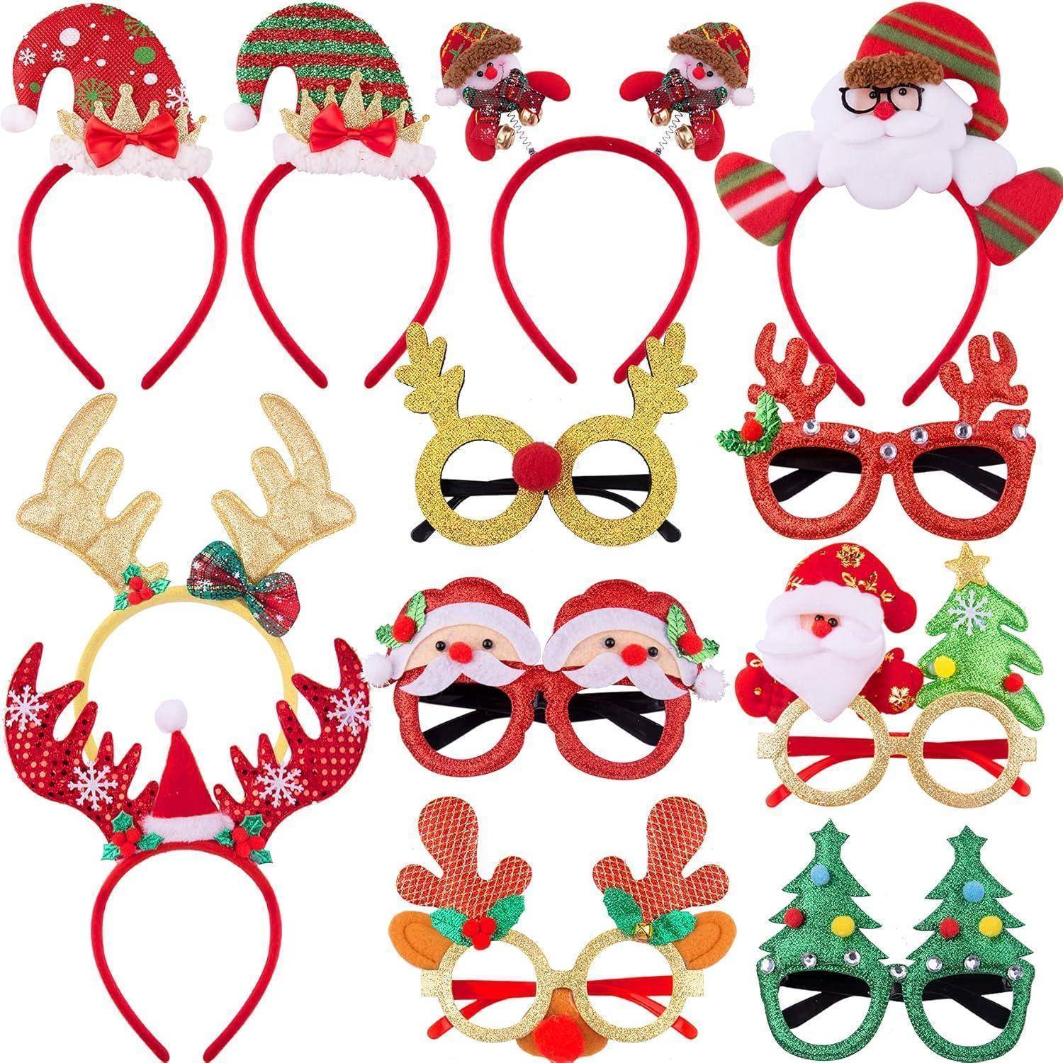 Weihnachtliche Stirnbänder und Brillen mit Rentiergeweihen, Weihnachtsmannmützen, Elfenhüten und Weihnachtsbaumdesigns in verschiedenen Farben.