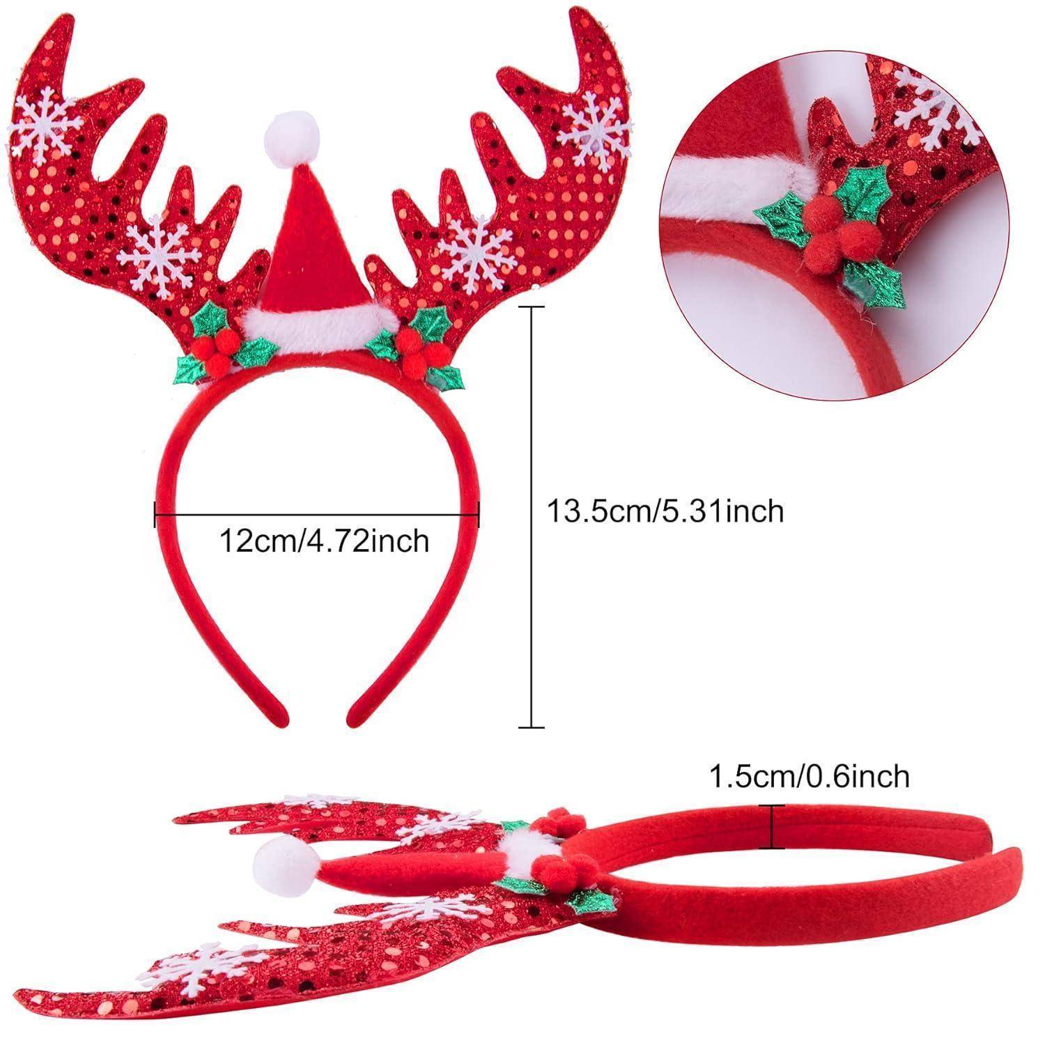 Rotes Rentiergeweih-Haarband mit Stechpalmen- und Schneeflockendekorationen. Abmessungen: 12 cm breit, 13,5 cm hoch, 1,5 cm dick.