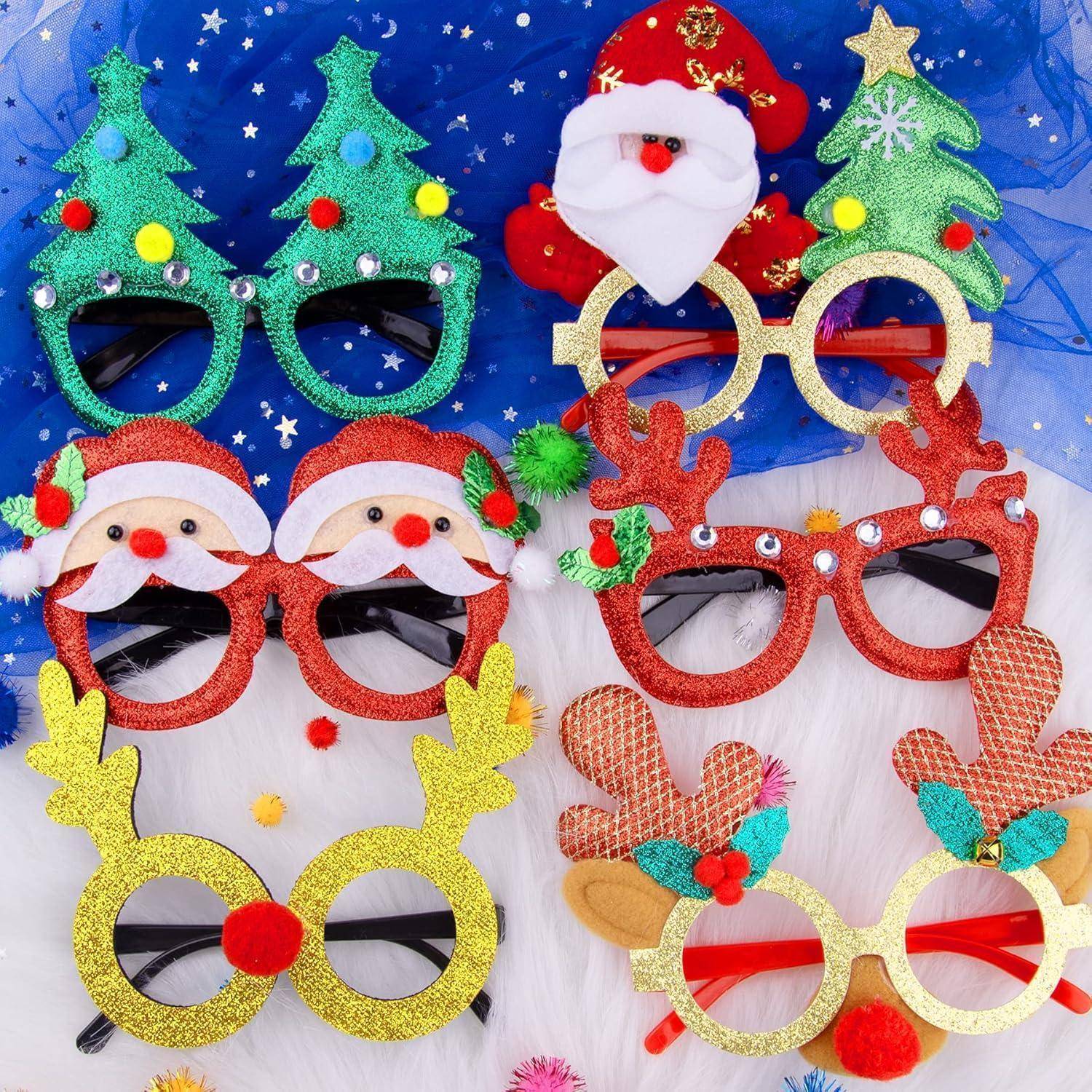 Bunte Weihnachts-Motiv-Brille mit Designs, die den Weihnachtsmann, Rentiere, Bäume und Sterne auf einem festlichen Hintergrund zeigen.