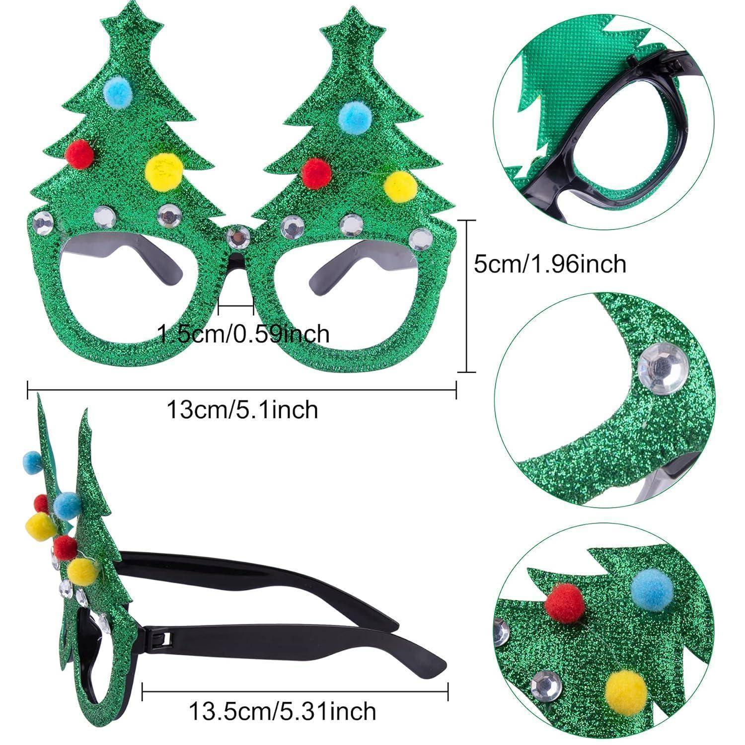 Scherzbrille in Tannenbaum-Form, geschmückt mit bunten Pompons und Strasssteinen. Die Abmessungen für verschiedene Teile sind angegeben.