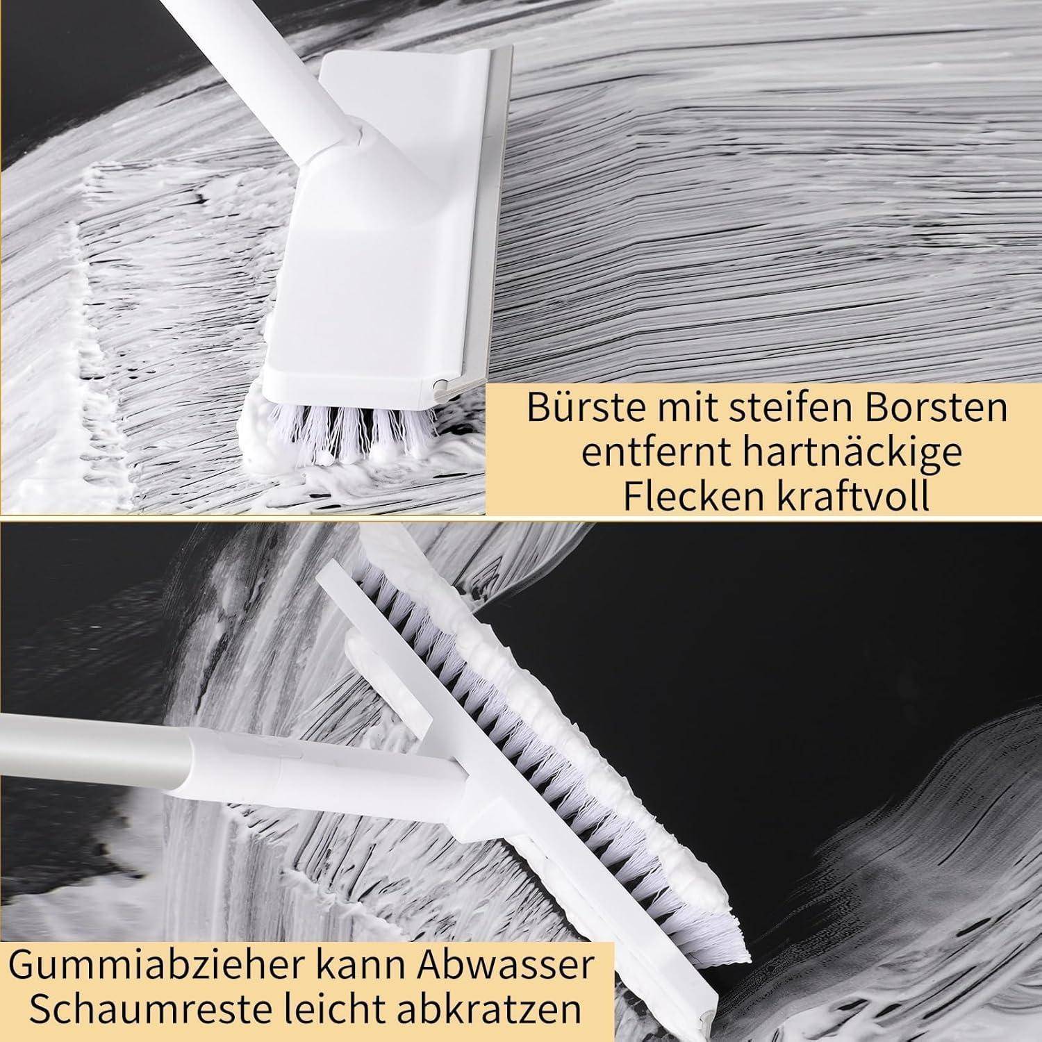 A brush with stiff bristles scrubs a tough stain, with text 'Bürste mit steifen Borsten entfernt hartnäckige Flecken kraftvoll