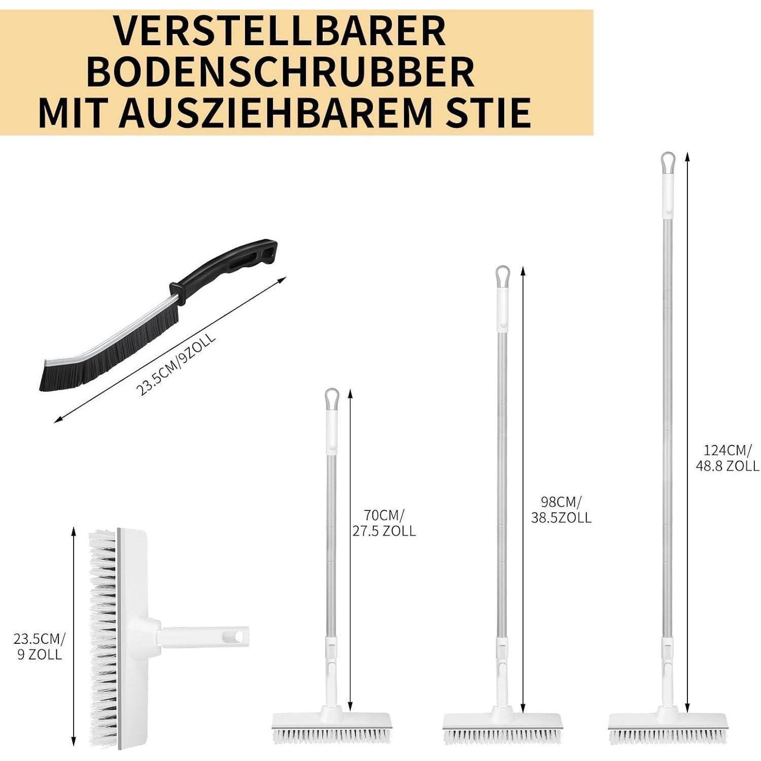 Verstellbarer Bodenschrubber mit ausziehbarem Stiel' zeigt einen verstellbaren Bodenschrubber mit ausziehbarem Griff, Abmessungen beschriftet.