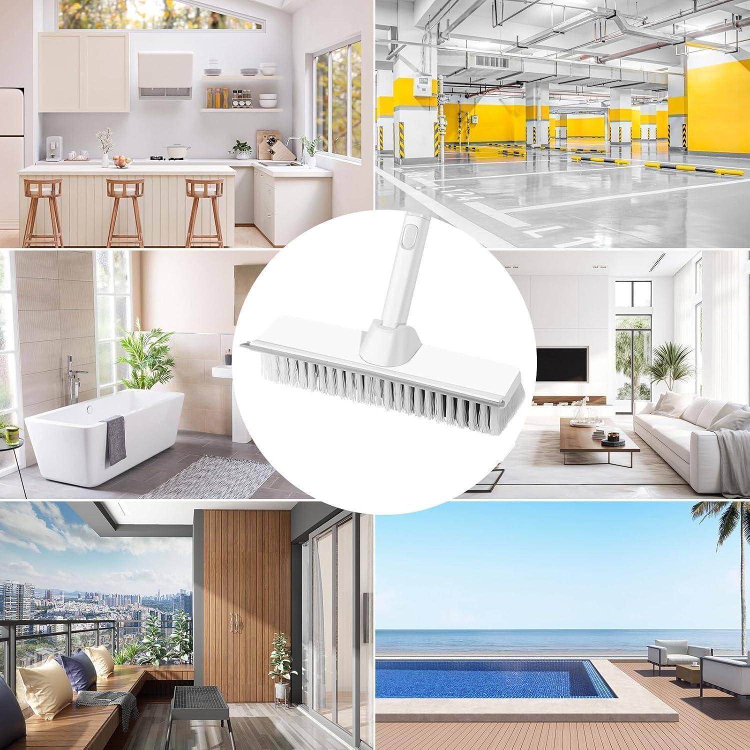 Ein Kollage zeigt verschiedene saubere Umgebungen: eine Küche, eine Tiefgarage, ein Badezimmer, ein Wohnzimmer, eine Terrasse mit Stadtblick und einen Poolbereich am Strand, zentriert um eine Reinigungsbürste.