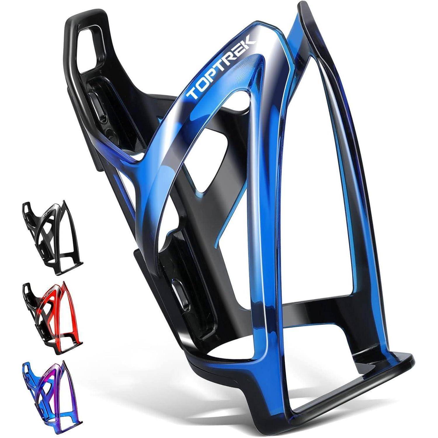 Ein blau-schwarzer Fahrradflaschenhalter mit 'Toptrek' Branding wird prominent präsentiert. Kleinere Bilder zeigen zusätzliche Farboptionen: schwarz, rot und violett.