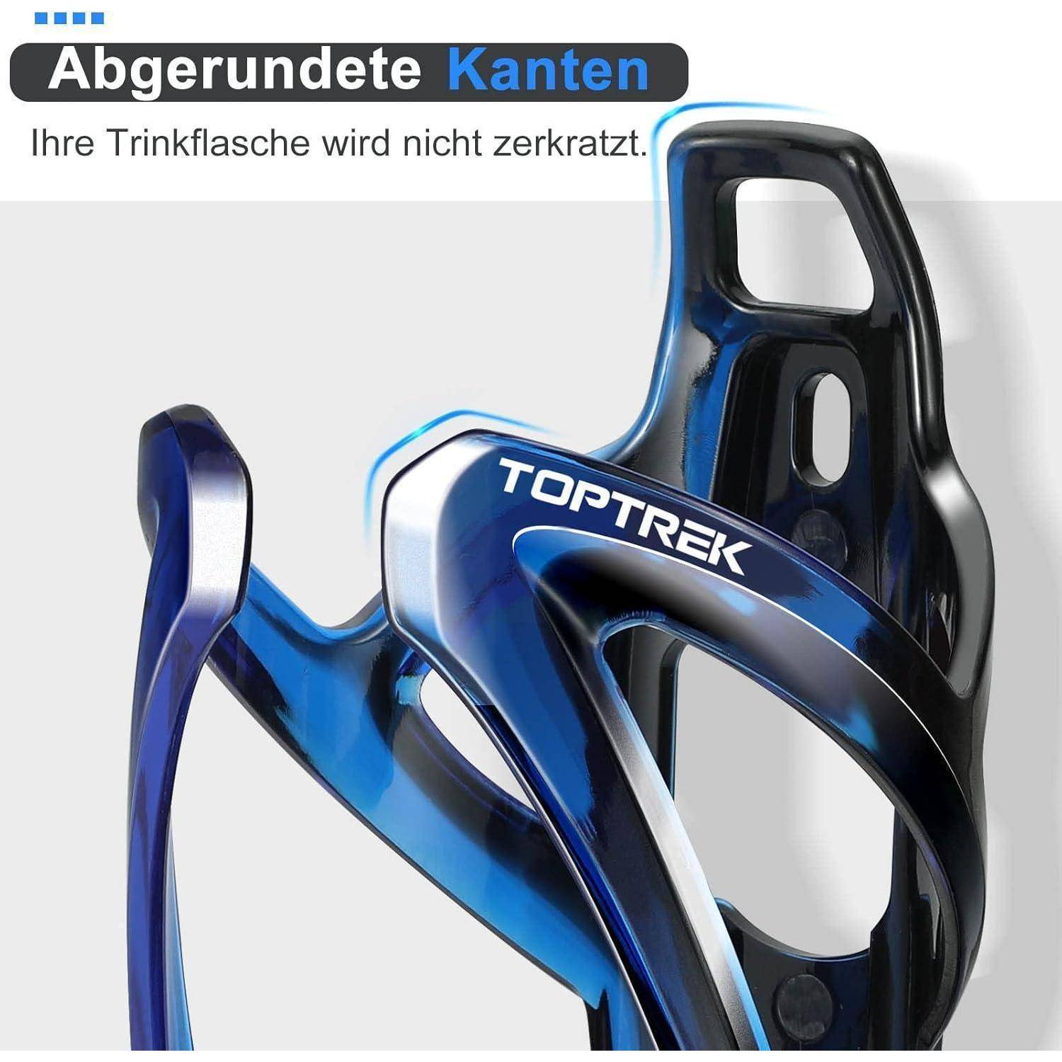 Ein Fahrrad-Flaschenhalter mit elegantem blauem Design, ausgestattet mit glatten Kanten zur Vermeidung von Kratzern. Text lautet 'Abgerundete Kanten' und 'TOPTREK'.