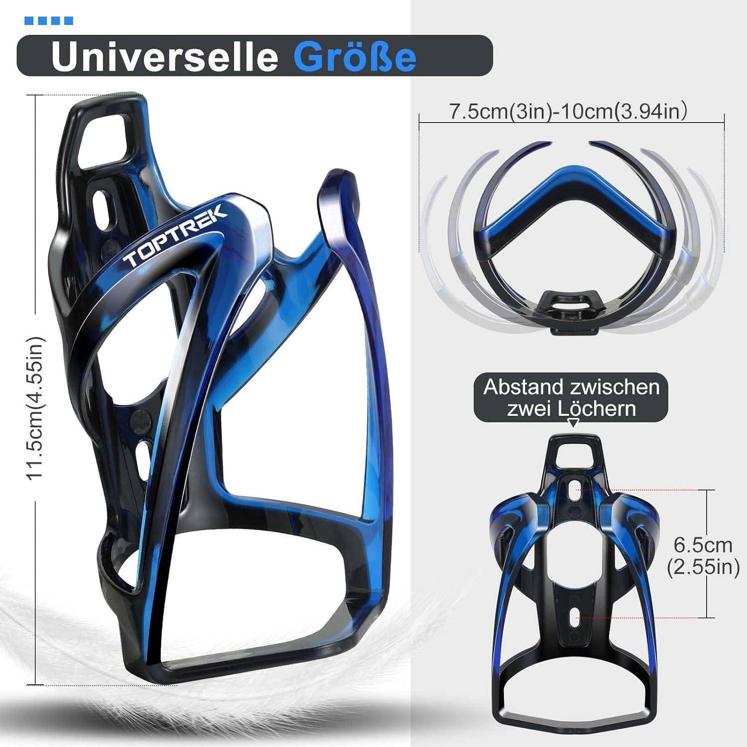 Schwarzer und blauer Fahrrad-Wasserflaschenhalter. Abmessungen: 11,5 cm hoch, 7,5 cm - 10 cm breit, 6,5 cm Basisfläche mit verstellbarer Passform.