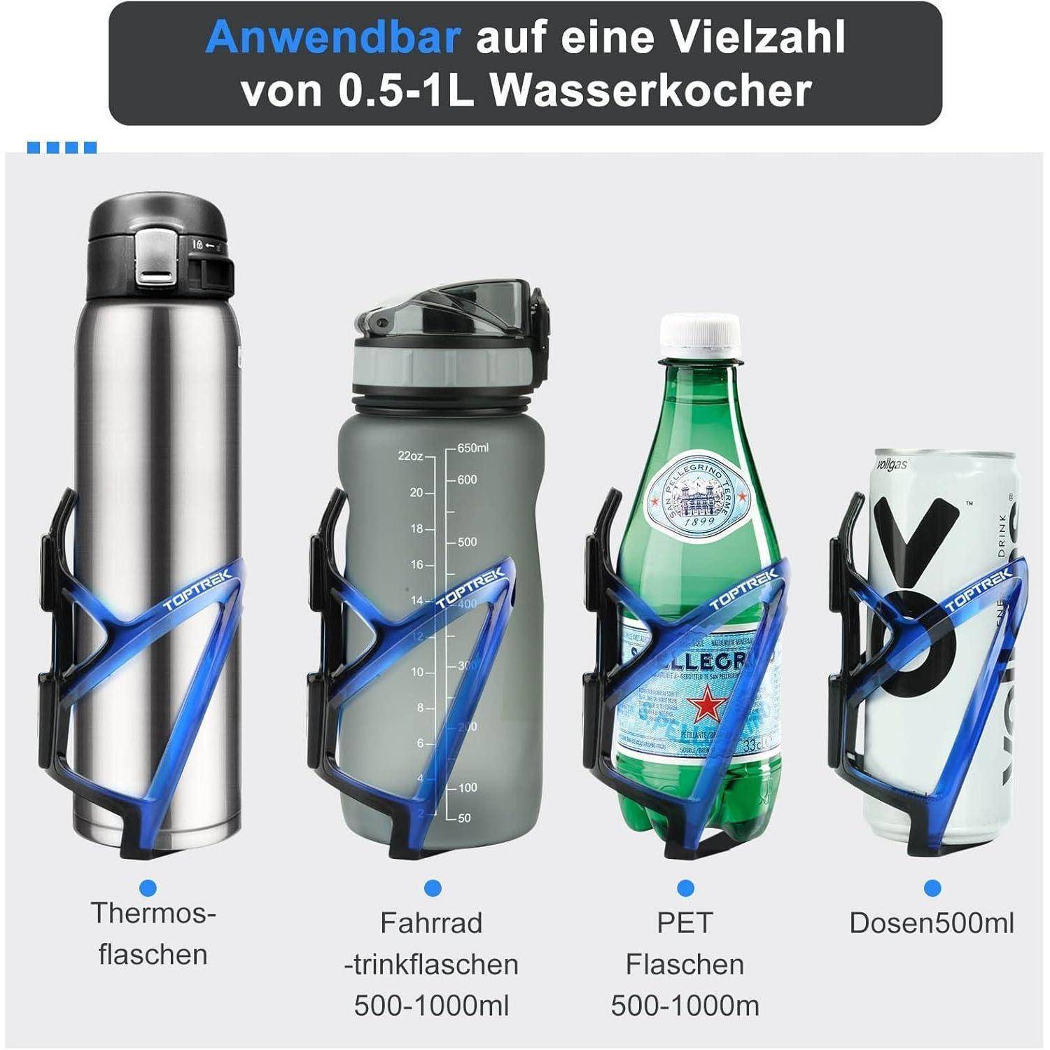 Vier verschiedene Flaschen, jeweils in einem blauen Halter, gekennzeichnet für Thermosflasche, Fahrradflasche, PET-Flasche und Dosen.