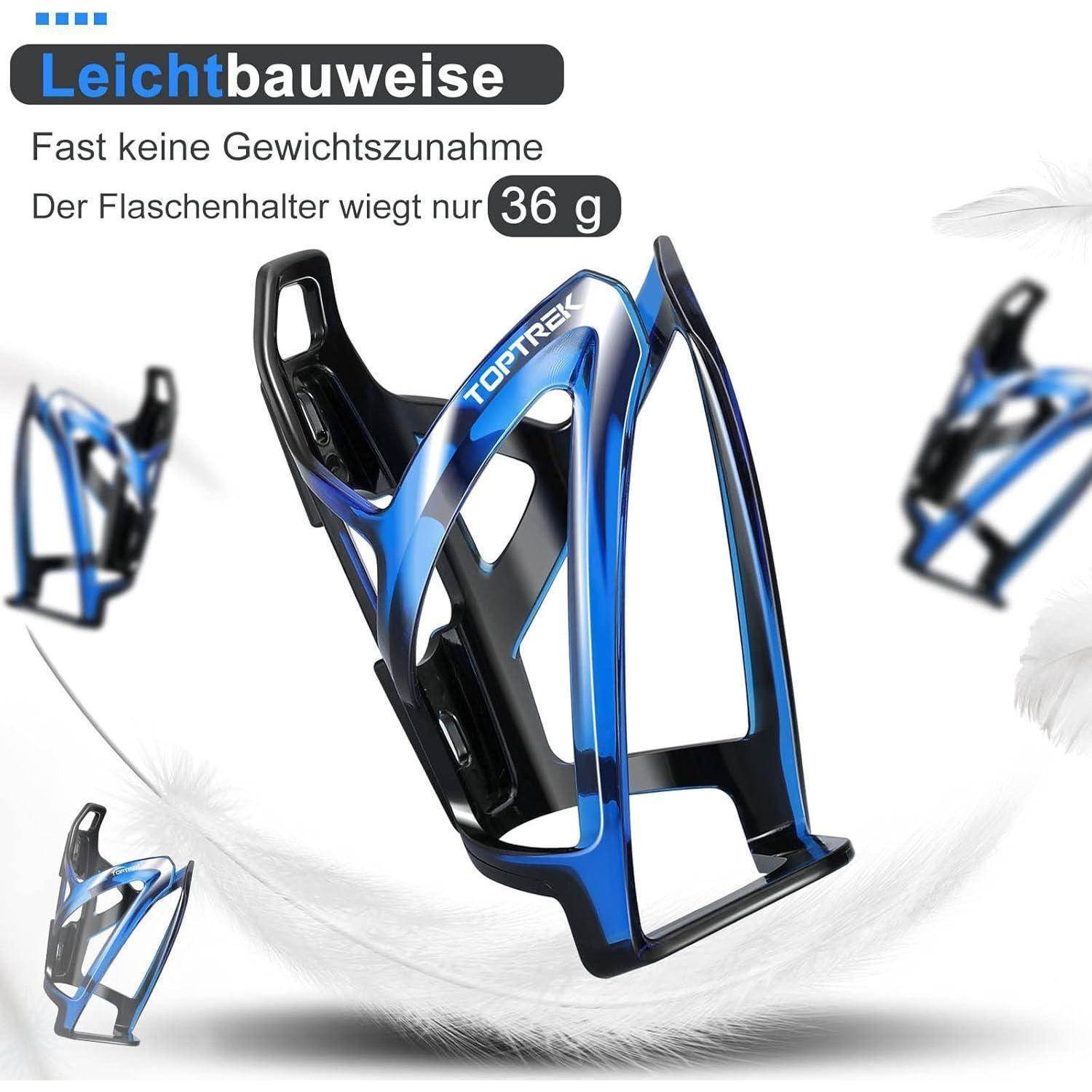 Ein leichter blau-schwarzer Fahrrad-Flaschenhalter von 'Toptrek', der 36g wiegt, mit Text, der den minimalen Gewichtszuwachs betont.