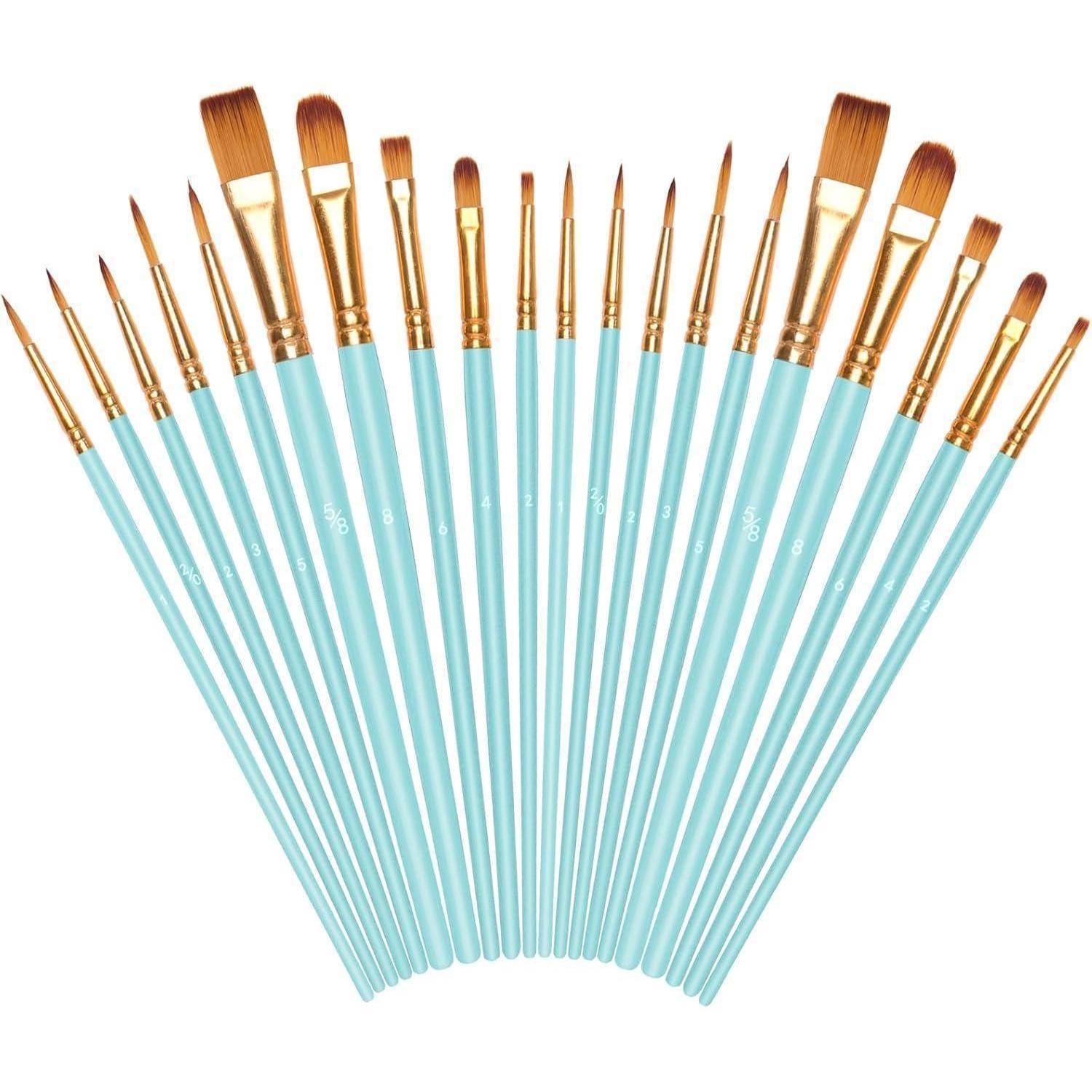 Ein Set von 20 türkisfarbenen Pinseln mit goldenen Ferrules, die in verschiedenen Größen und Formen in Fächerform angeordnet sind und für unterschiedliche Maltechniken geeignet sind.
