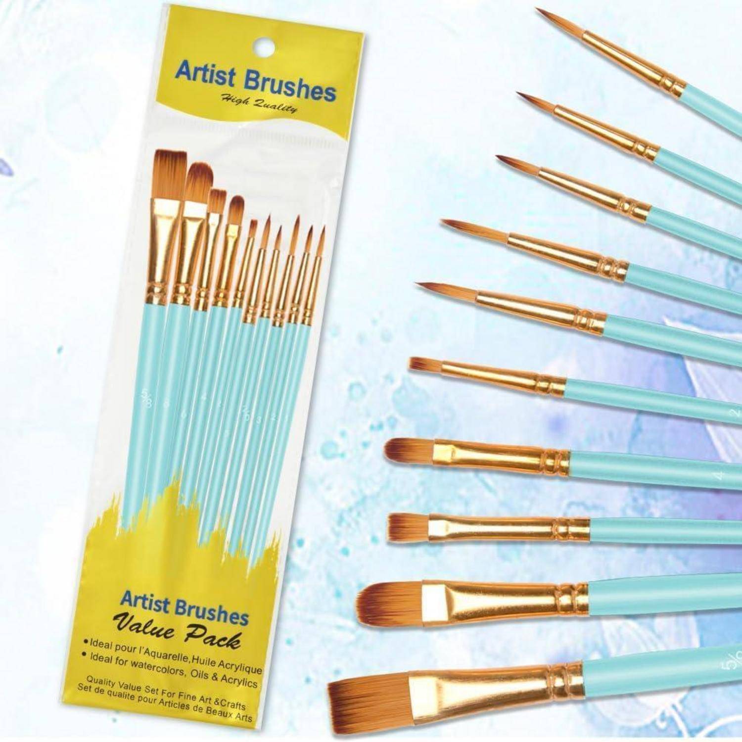 Ein Set von 10 Künstlerpinseln mit hellblauen Griffen und goldenen Metallbeschlägen, neben ihrer Verpackung ausgelegt. Ideal für verschiedene Malmaterialien.