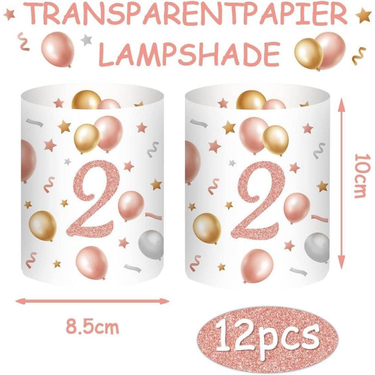 Transparente Papierlampenschirm mit rosa '2', Luftballons und Sternendesigns. Abmessungen: 8,5 cm x 10 cm. Packung mit 12 Stück.