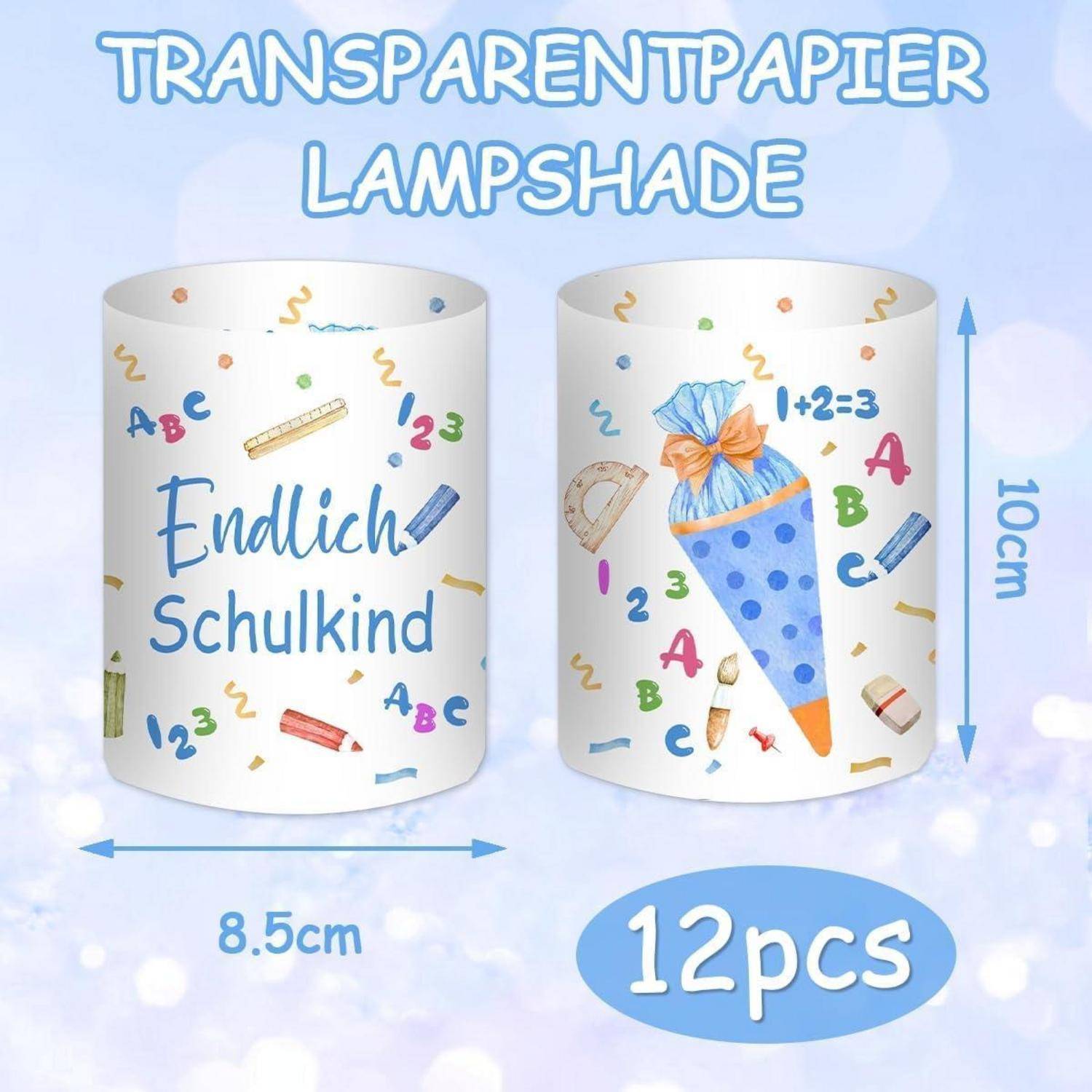 Lampenschirm, Endlich Schulkind mit Schuldesign, 8,5 cm breit, 10 cm hoch. 12er-Set.