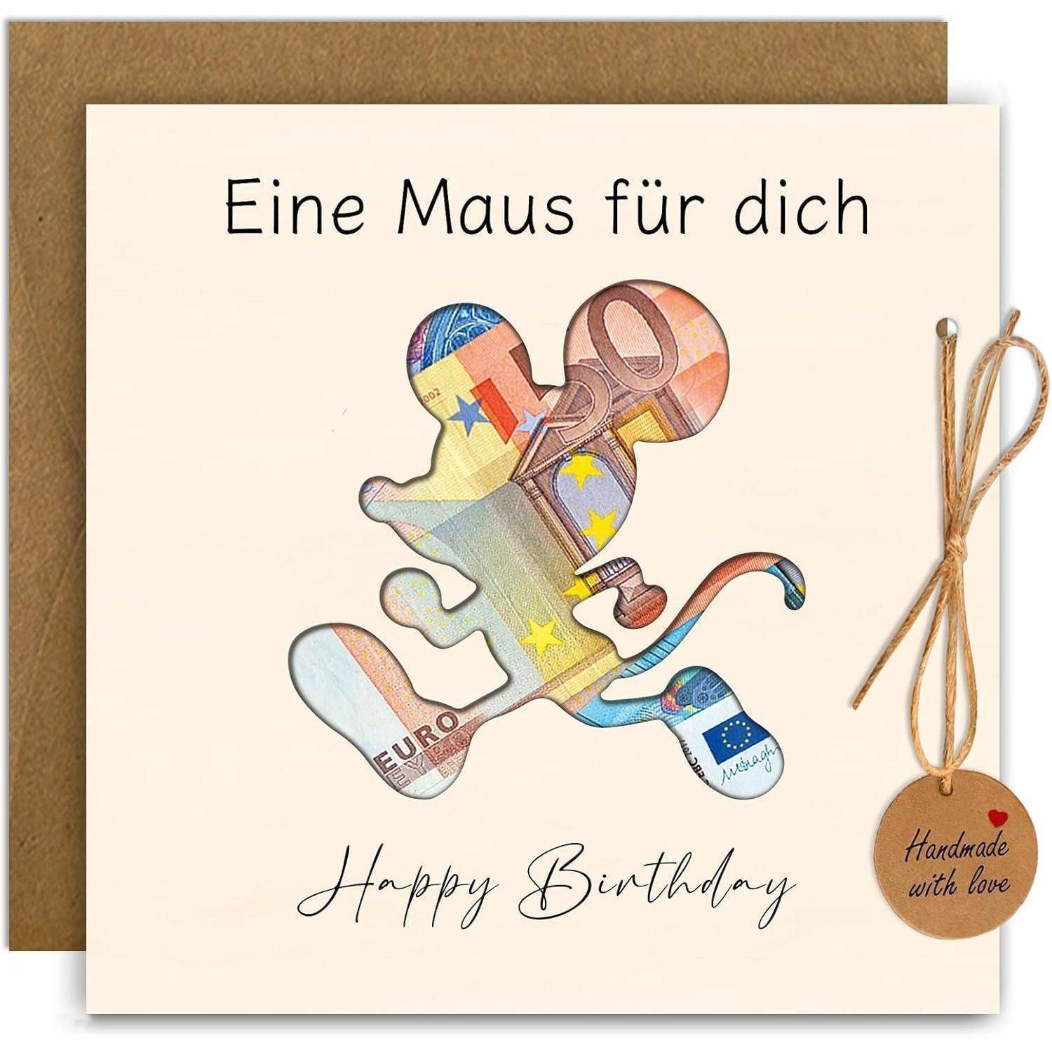 Glückwunschkarte mit einer Silhouette einer Maus, die aus Euro-Währungsmustern geformt ist. Text lautet „Eine Maus für dich
