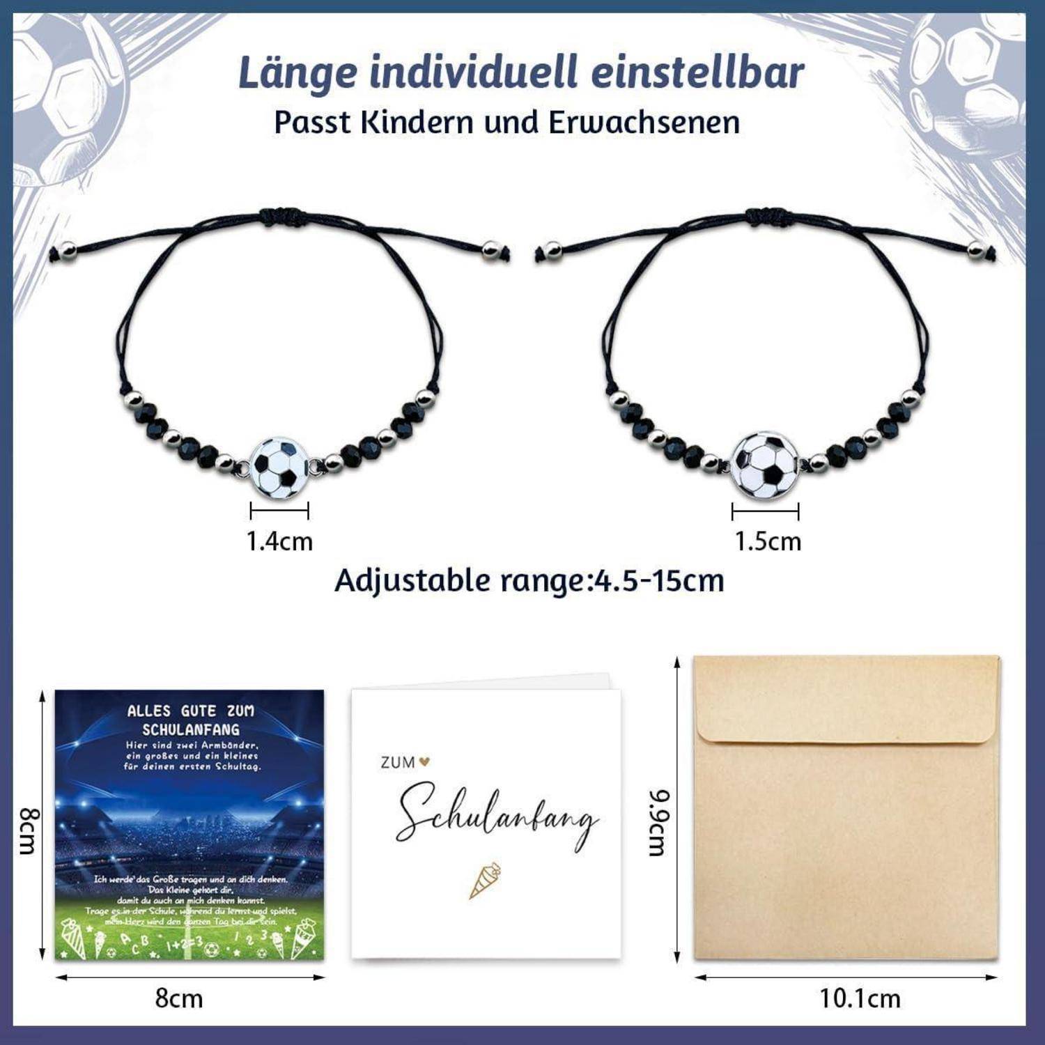 Das Bild zeigt zwei verstellbare Fußball-Armbänder mit Maßangaben. Darunter zwei Karten: eine mit dem Text 