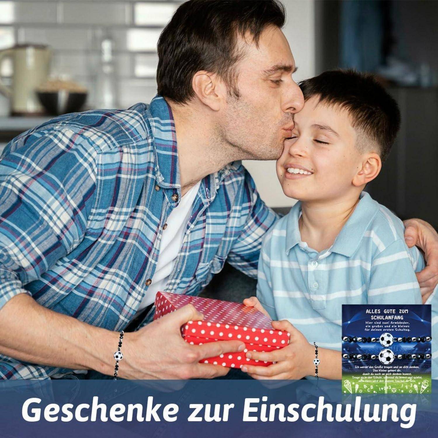 Ein Mann küsst einen lächelnden Jungen auf die Wange, während er ein rotes Geschenk hält. Text auf Deutsch lautet: 