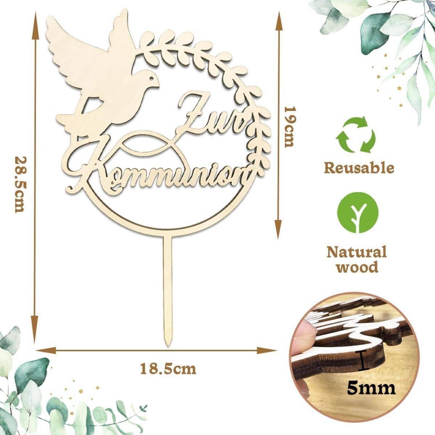Cake Topper mit einer Taube und dem Text 'Zur Konfirmation', aus Naturholz gefertigt, Maße 28,5 cm x 18,5 cm, wiederverwendbar und umweltfreundlich.
