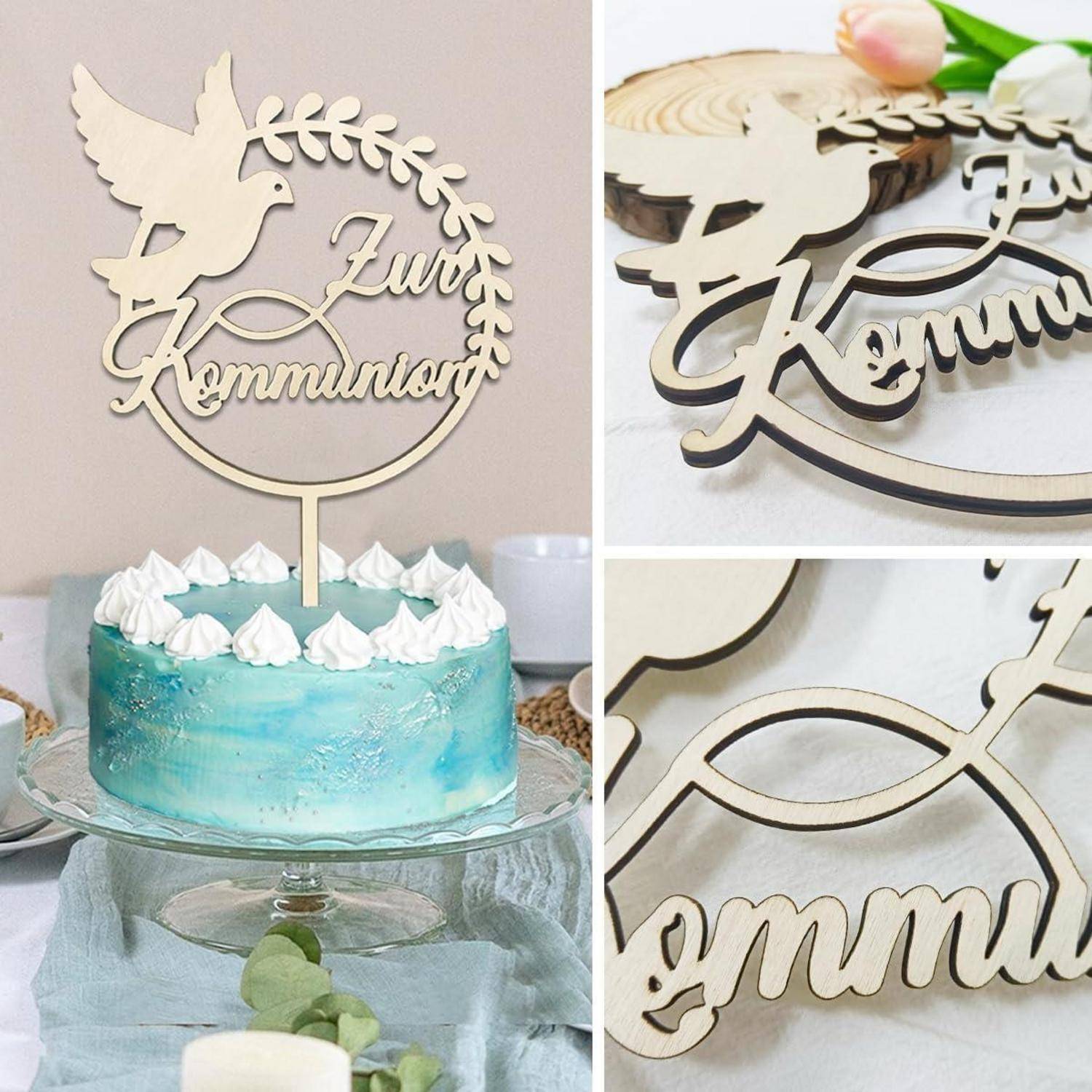 Eine Torte, die mit einem dekorativen Holzschild verziert ist, auf dem eine Taube und der Text ‚Zur Kommunion' abgebildet sind und eine Kommunionfeier symbolisieren.