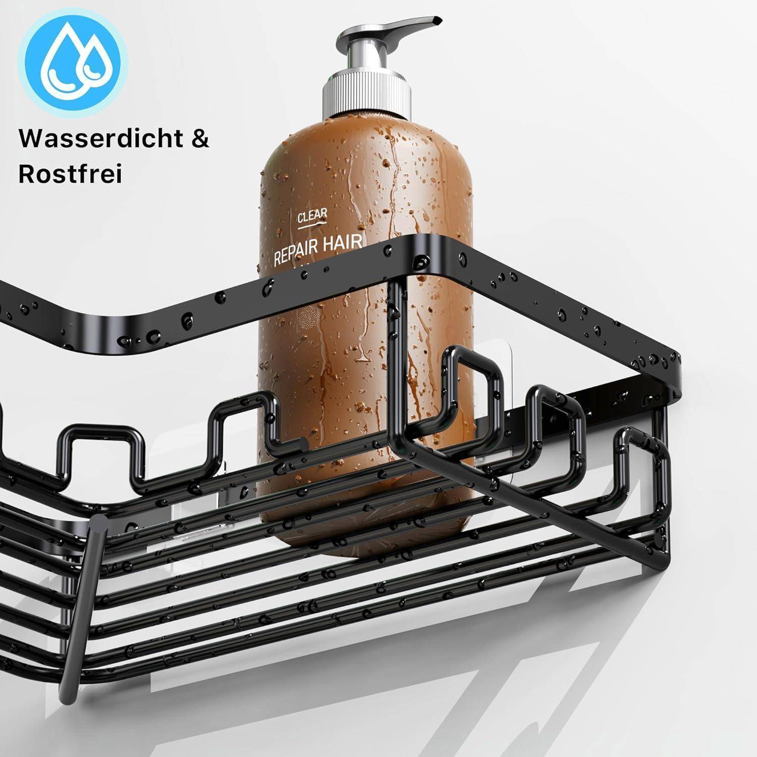 Duschablage mit schwarzer Metalloberfläche, die eine braune Flasche mit der Aufschrift 