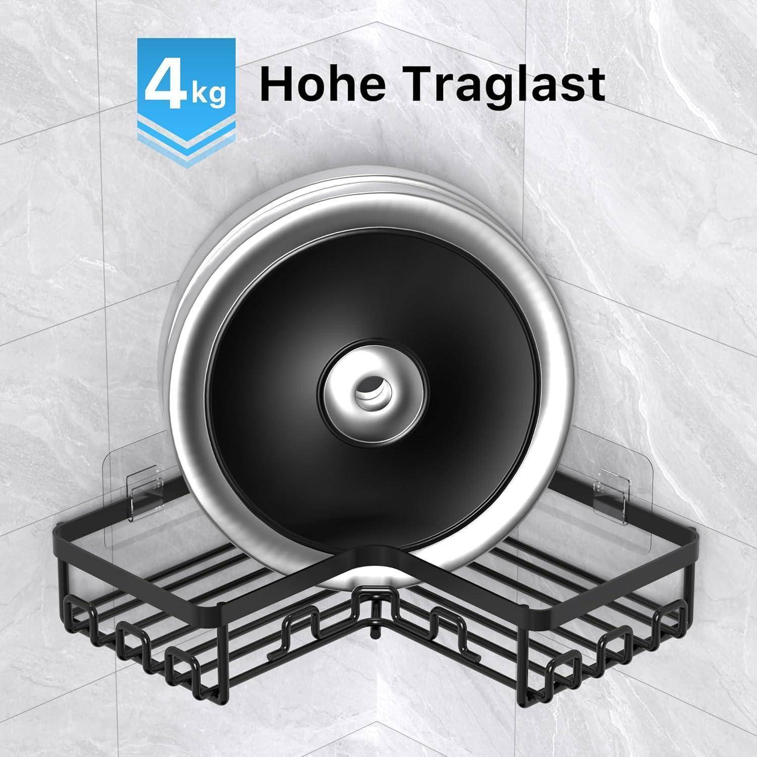 Eckduschen-Regal mit Deckel und '4 kg Hohe Traglast' Aufschrift, die eine hohe Tragfähigkeit anzeigt.