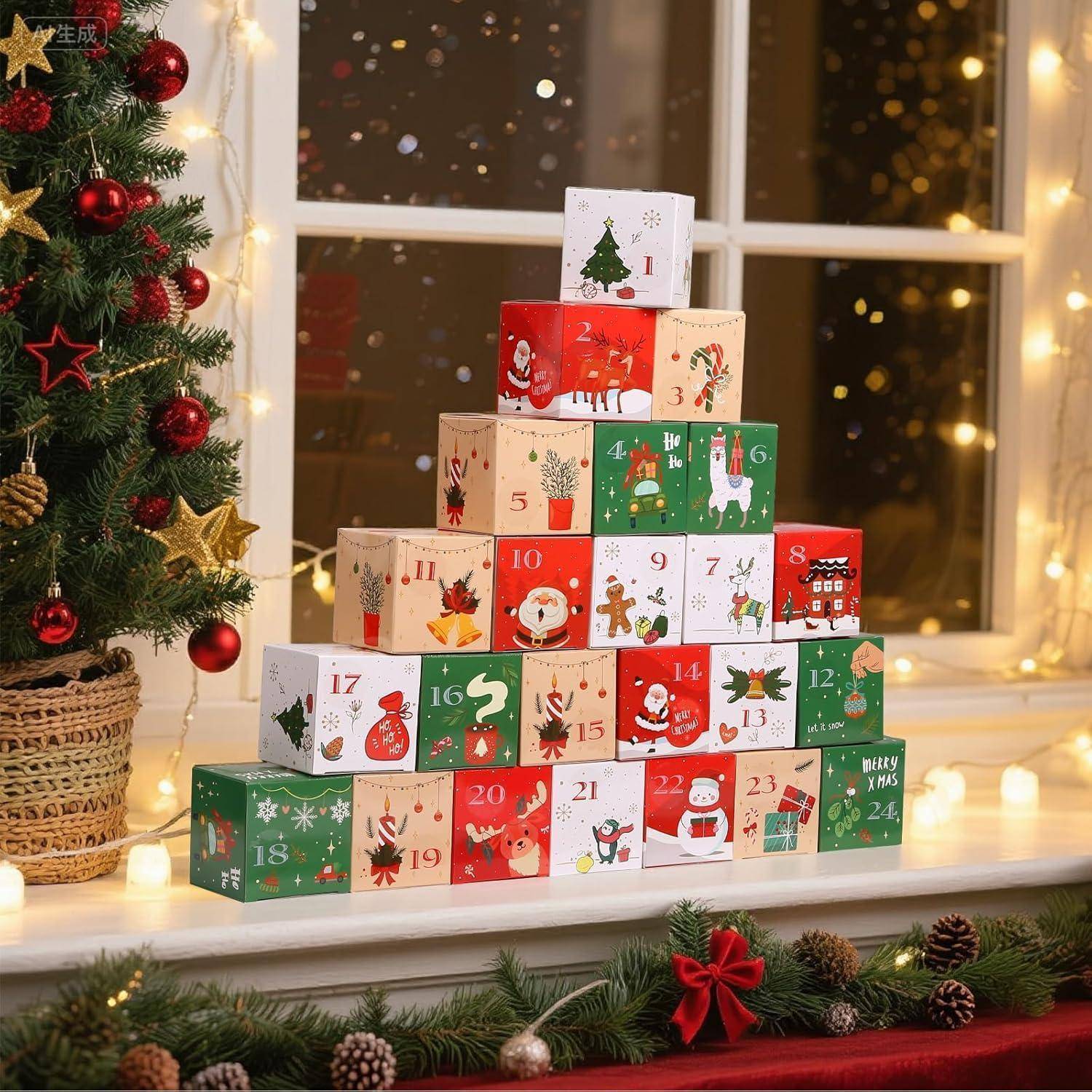 Festliche Adventskalender-Pyramide auf einem Tisch gestapelt mit nummerierten Schachteln und weihnachtlich gestalteten Illustrationen, neben einem geschmückten Weihnachtsbaum.