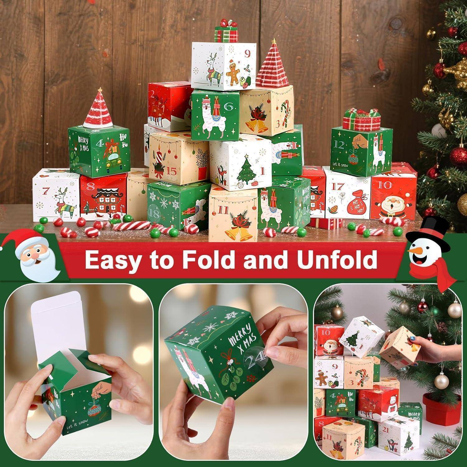Ein Stapel dekorierter Adventskalender-Boxen mit Weihnachtsmotiven. Ein Banner trägt den Schriftzug „Einfach zu falten und entfalten.