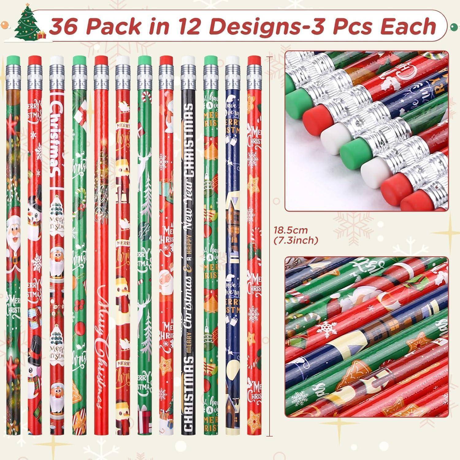 Ein Set von 36 weihnachtlich gestalteten Bleistiften in 12 verschiedenen Designs, jeweils 3 Bleistifte pro Design. Die Bleistifte verfügen über festliche Muster und Farben und messen 18,5 cm.