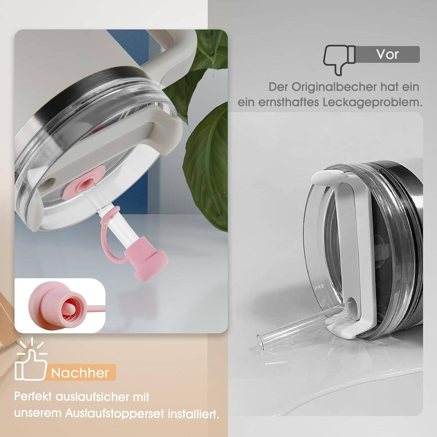 Das Bild vergleicht zwei Getränkebehälter. Links: ein durchsichtiger Behälter mit einem rosa Stopfen, mit der Beschriftung 'Nachher' (Nach), der einen perfekten Verschluss betont. Rechts: ein gekippter Behälter, mit der Beschriftung 'Vor' (Vor), der ein ernsthaftes Leckageproblem zeigt.