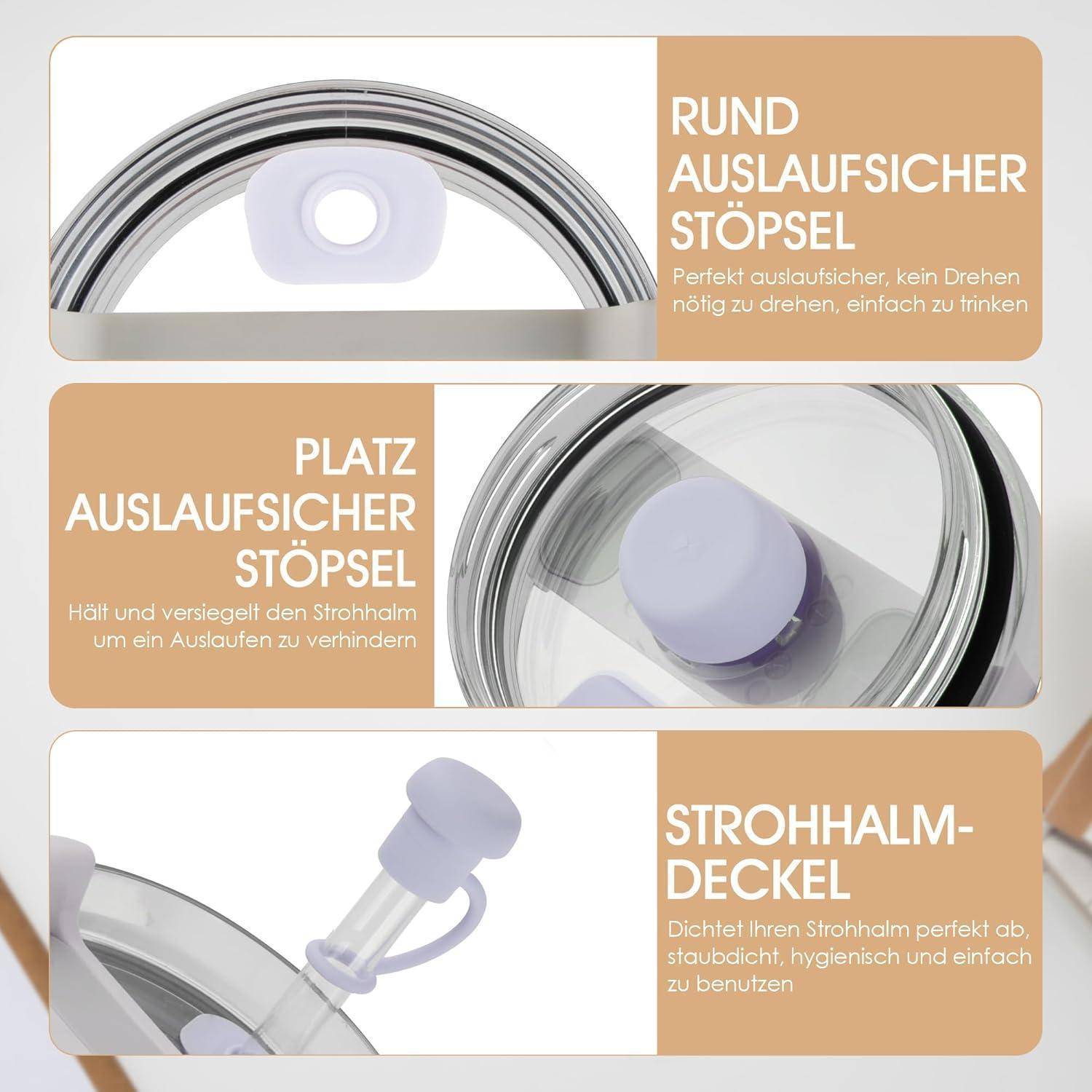 Drei Bilder von verschiedenen Flaschendeckeln. Oben: runder auslaufsicherer Deckel. Mitte: platzsparender Verschluss. Unten: Strohhalm-Deckel für Hygiene.