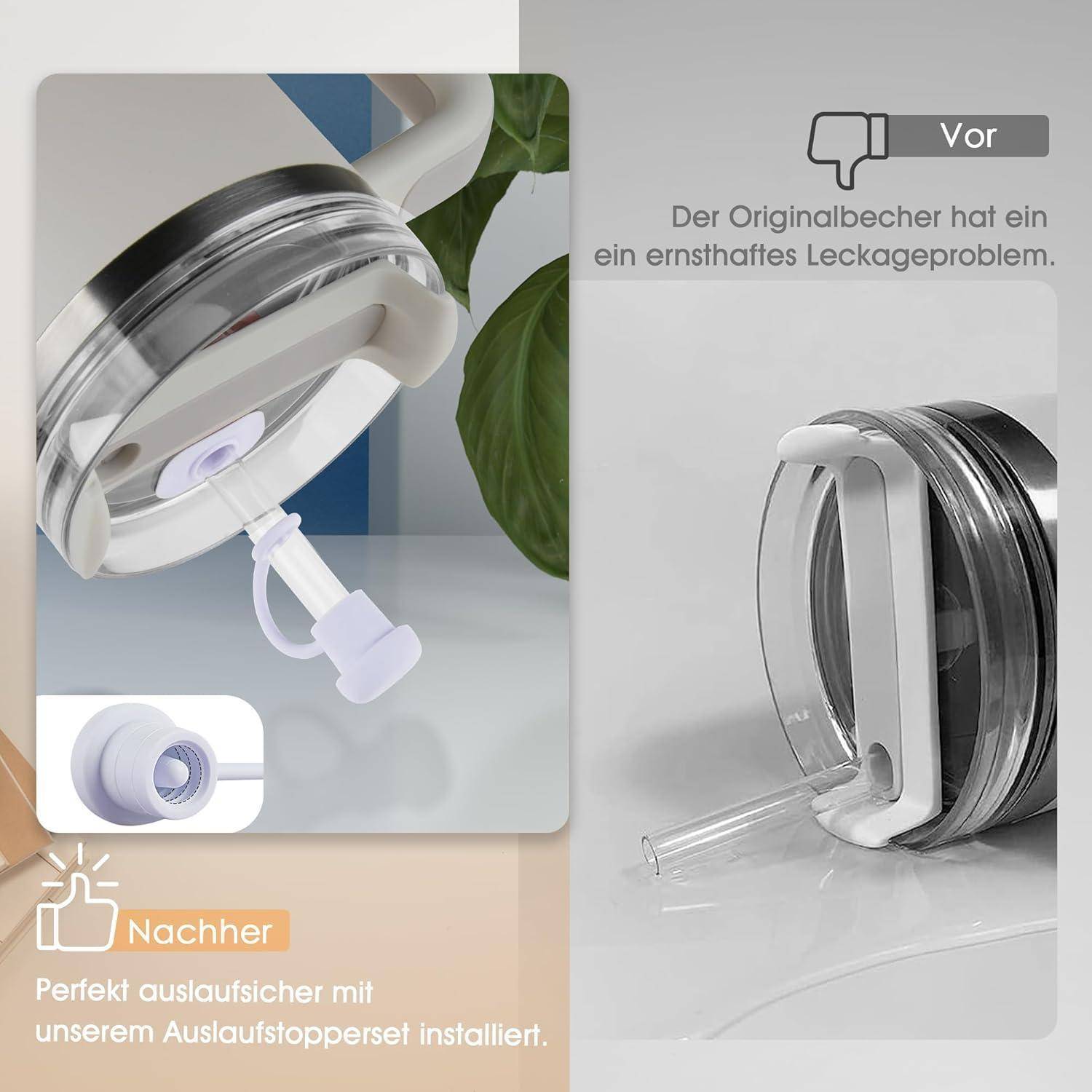 Das Bild zeigt zwei Becher mit Strohhalmen; einer hat ein Leckageproblem (gekennzeichnet als 'Vorher'), der andere ist mit einem Auslaufstopper ordnungsgemäß versiegelt (gekennzeichnet als 'Nachher').