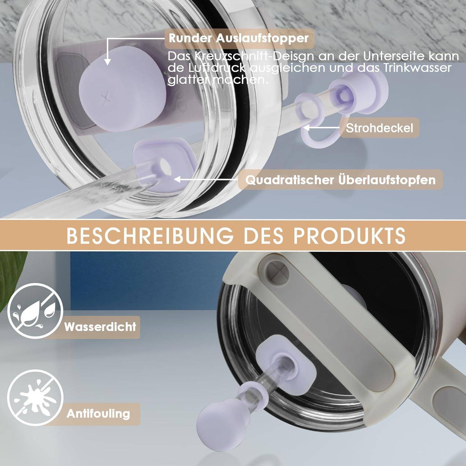 Ein Becherdeckel-Design mit einem kreisförmigen Ausgussstopfen und Strohdeckel in Lavendel. Text liest sich 