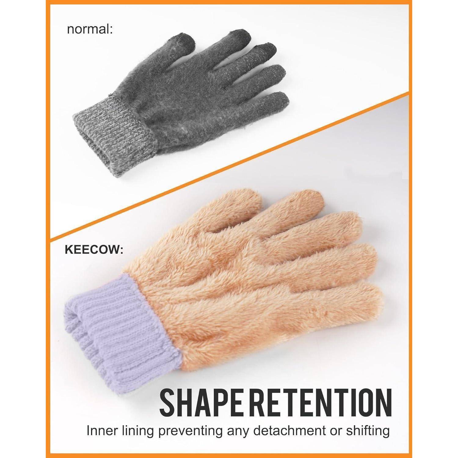 Vergleichsbild zweier Handschuhe. Oben ein normaler grauer Handschuh, unten ein beiger 'KEECOW' Handschuh mit helllila Bündchen, der die 'Formerhaltung: Innenfutter verhindert jegliches Ablösen oder Verschieben' hervorhebt.