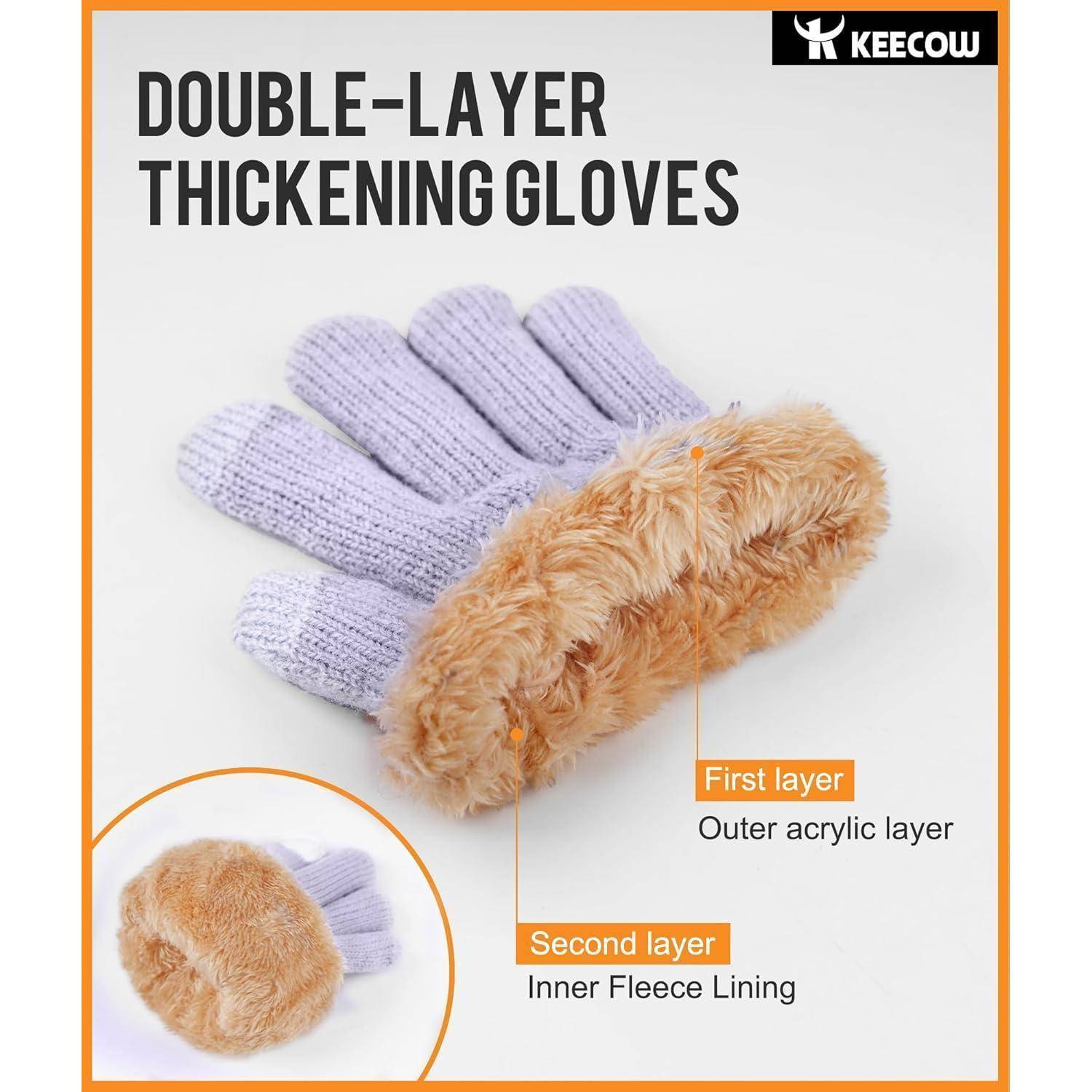 Ein Paar Fingerhandschuhe mit doppelter Strickschicht in den Farben Lila und Orange, die für Wärme und Komfort konzipiert sind. Die Detailaufnahme zeigt die Textur des Handschuhs.