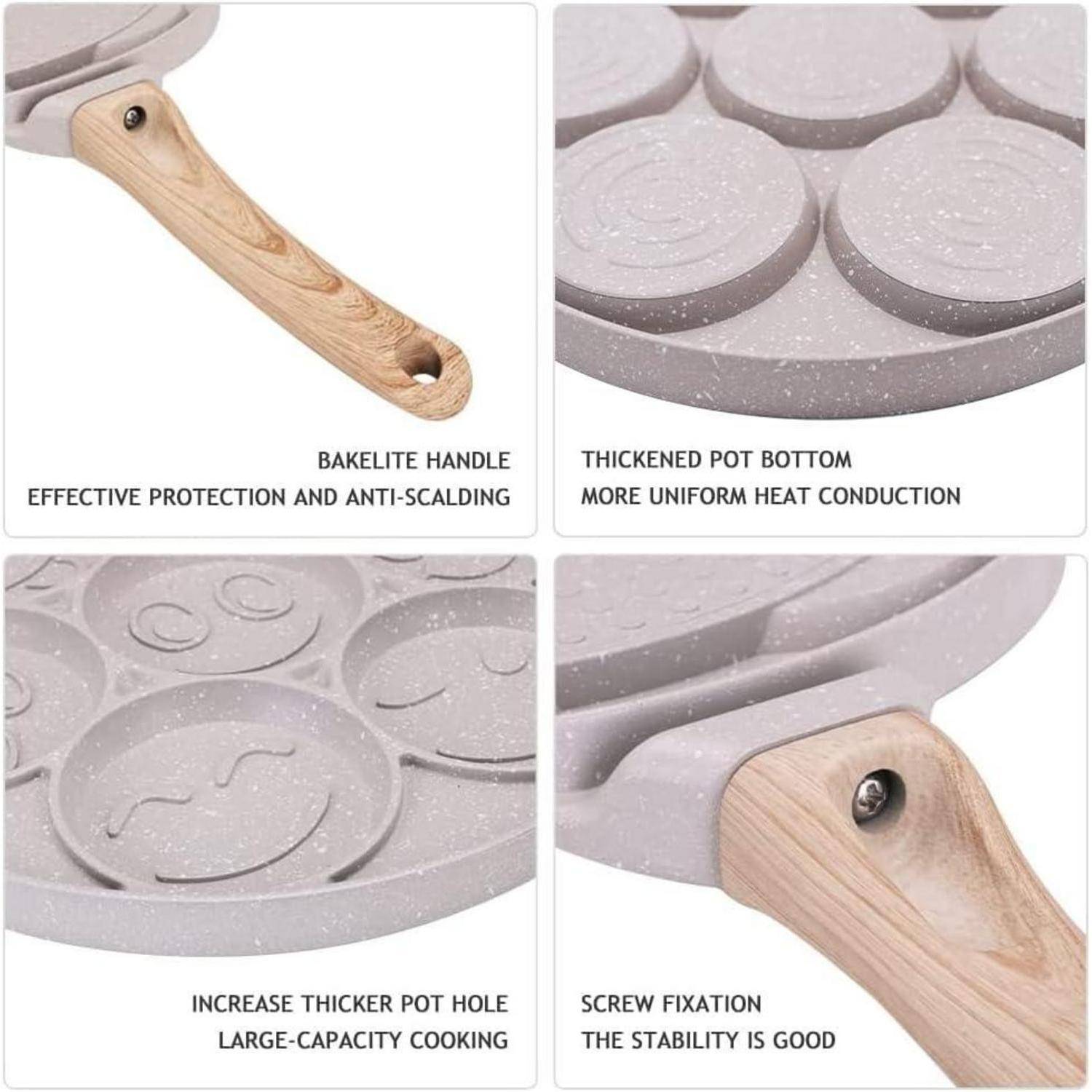 Pfanne mit einem Holz-Bakelit-Griff, anti-Verbrühungsdesign, verstärkter Boden für gleichmäßige Wärmeverteilung, mit Löchern für großvolumiges Kochen.