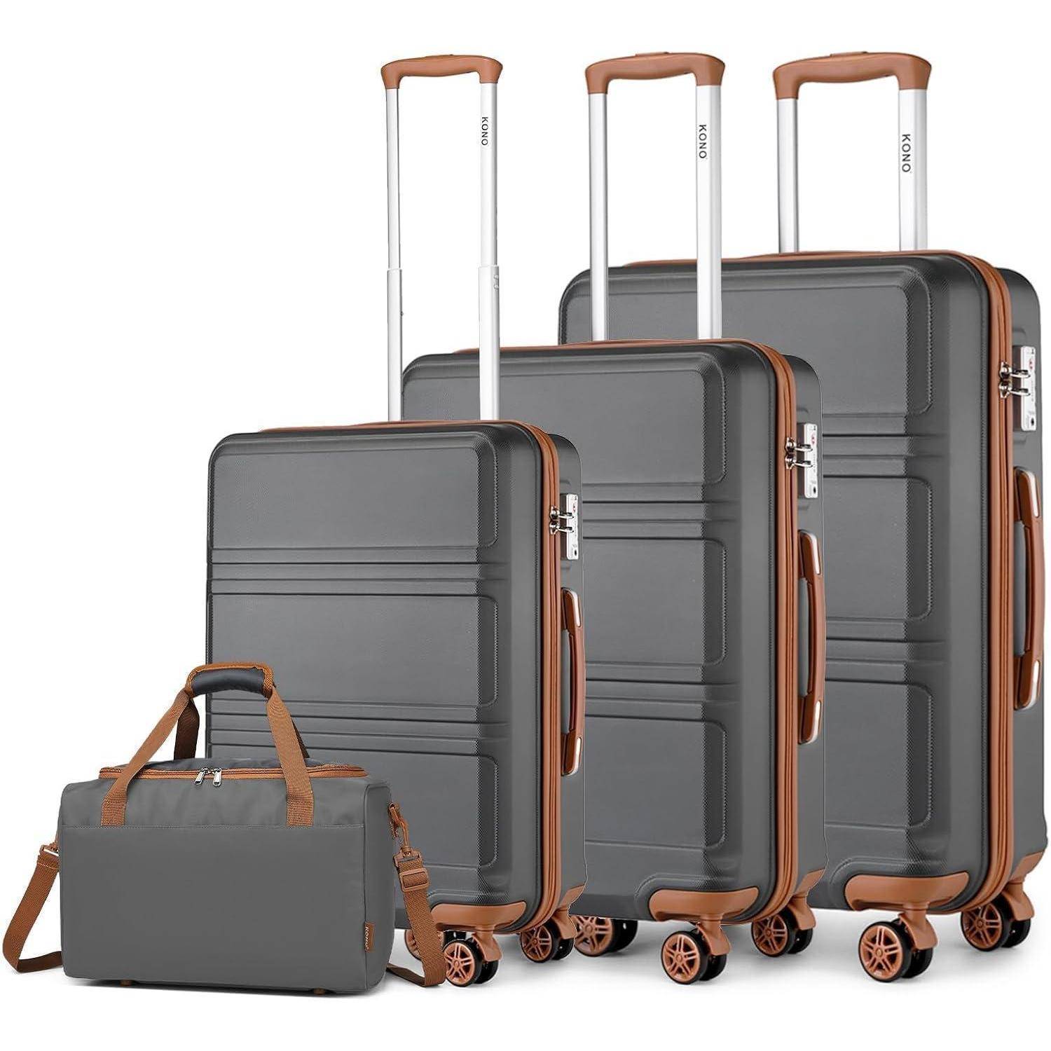 Ein Set aus drei grauen Koffern mit braunen Griffen und Rollen, jeweils ausgestattet mit einem ausziehbaren Teleskopgriff. Inklusive einer passenden grauen Reisetasche.