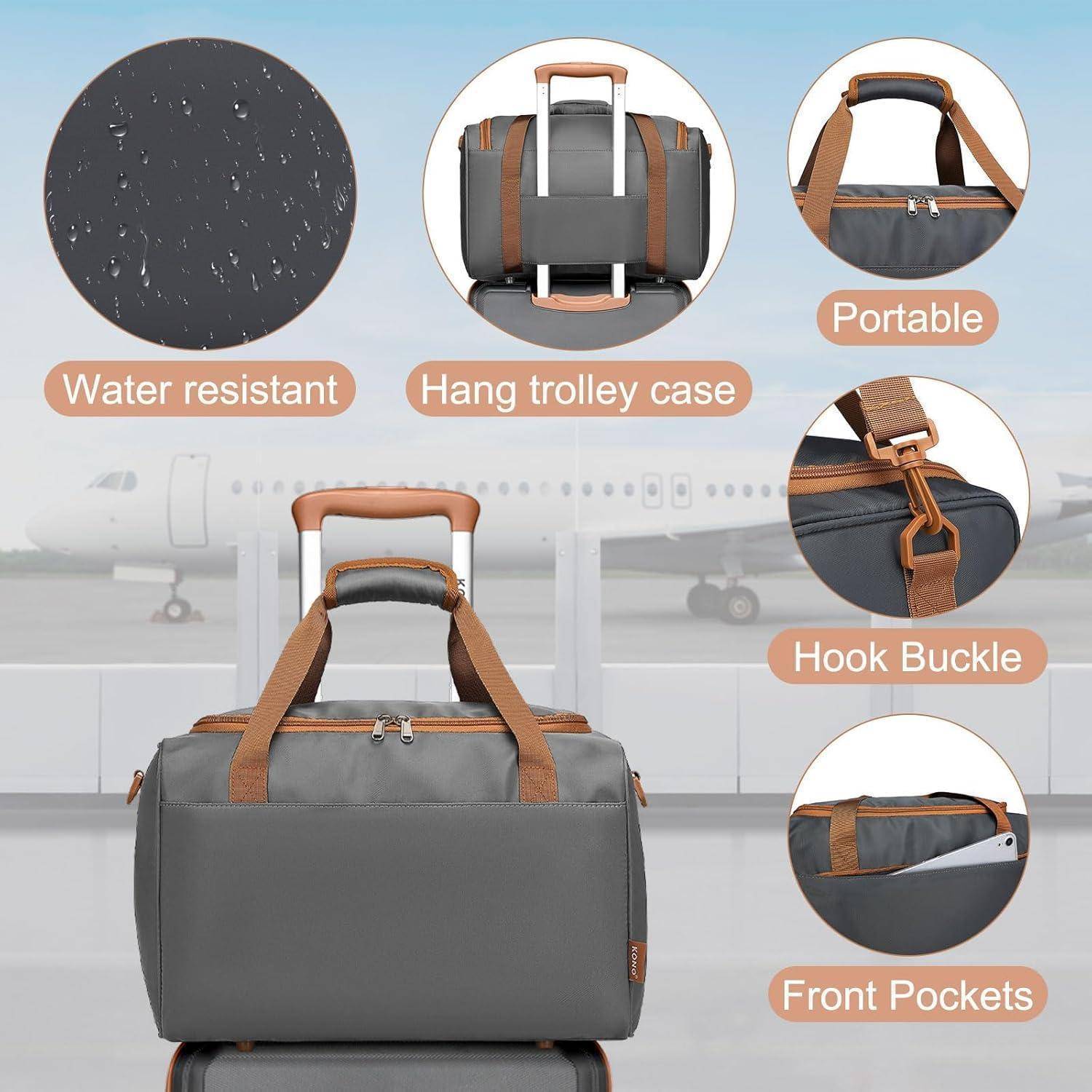 Bild einer grauen Reisetasche auf einem Trolley in der Nähe eines Flugzeugs. Merkmale sind Wasserbeständigkeit, Tragbarkeit, Haken-Schnalle und Vordertaschen.