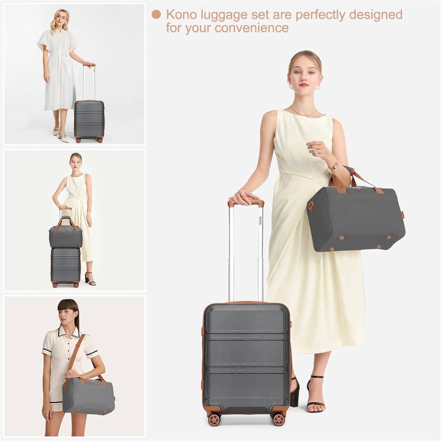 Frau steht mit einem grauen Koffersets, bestehend aus einem Koffer und einer passenden Tasche, stylisch gekleidet in einem hellen Kleid. Drei kleinere Bilder zeigen verschiedene Frauen mit dem Gepäck in unterschiedlichen Outfits. Text lautet: „Die Kono Kofferset sind perfekt für Ihre Bequemlichkeit gestaltet