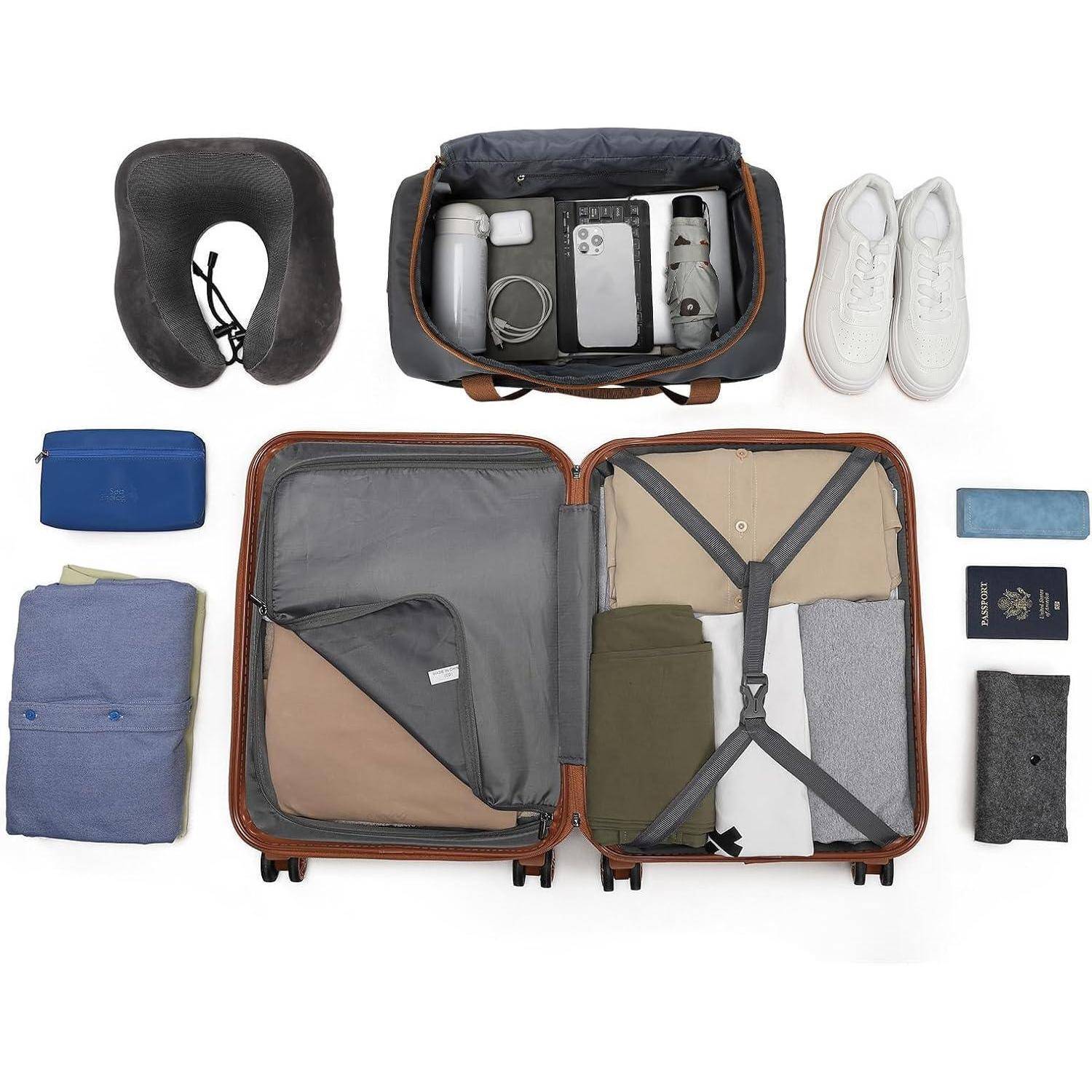 Offener Koffer mit ordentlich zusammengelegten Kleidungsstücken, umgeben von einem Nackenkissen, Schuhen, einer Kamera, einem Handy, einer Wasserflasche, Reisepass und Etuis.