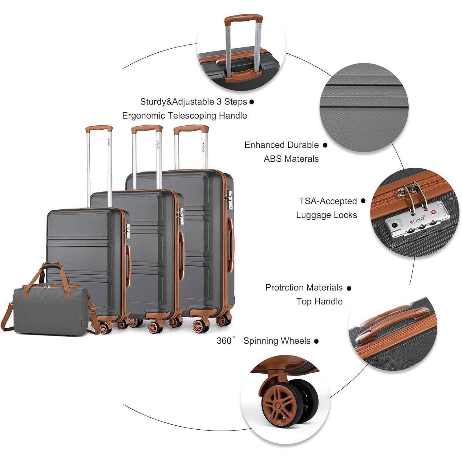 Bild von vier grauen Koffern mit braunen Griffen und Rollen. Dargestellte Merkmale: ergonomischer Griff, robustes ABS, TSA-Schlösser, Schutzmaterialien und drehbare Rollen.