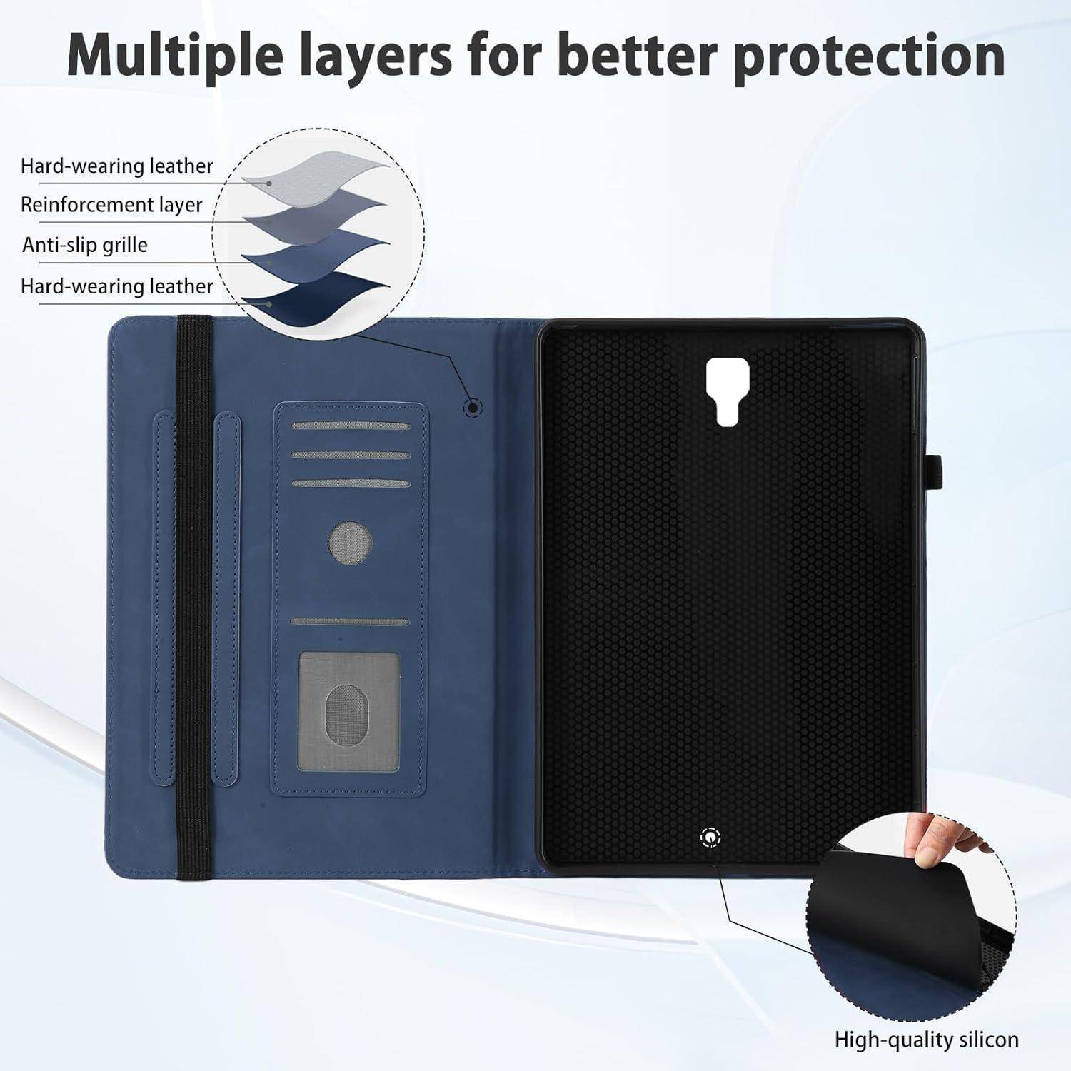 Tablet-Hülle mit mehreren Schutzschichten, ausgestattet mit strapazierfähigem Leder, Verstärkungsschicht, rutschfestem Gitter und Silikon.