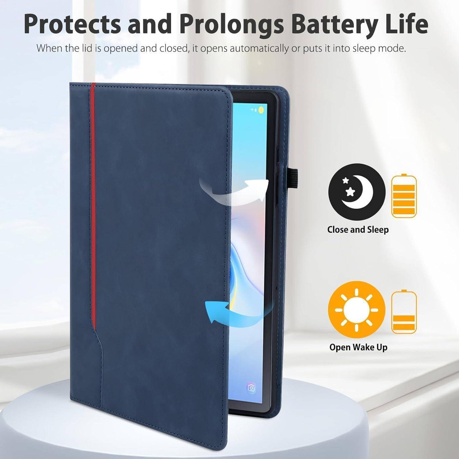 Tablet in einem blauen Etui mit teilweise sichtbarem Bildschirm. Text lautet: 