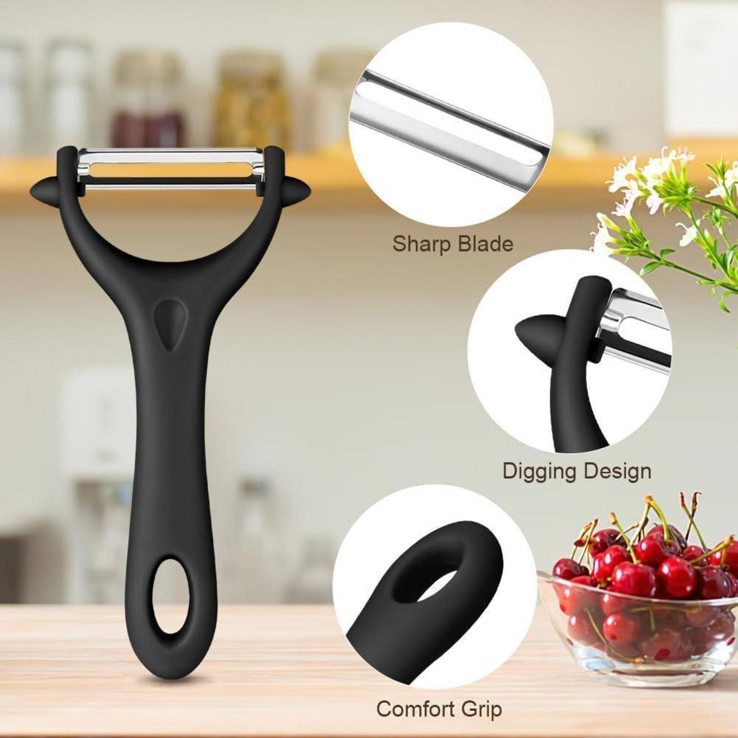 Ein schlanker schwarzer Gemüseschäler mit einer scharfen Klinge und einem ergonomischen, komfortablen Griff. Einblendungen zeigen Klingendetails und Schneiddesign auf einer Küchenarbeitsplatte.