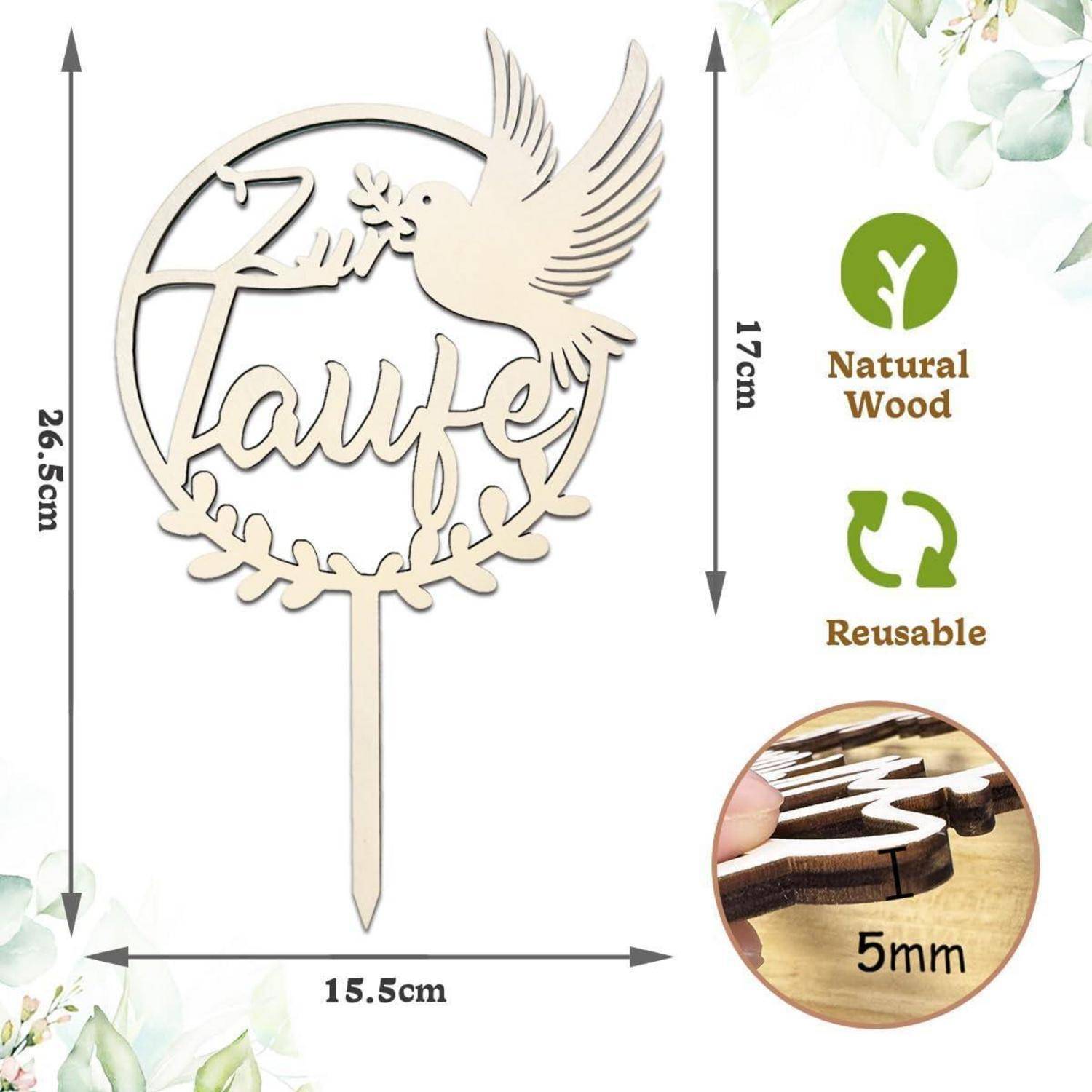 Cake Topper 'Taufe' mit einer Taube, aus Naturholz gefertigt, misst 26,5 cm x 15,5 cm, ist 5 mm dick und wiederverwendbar.