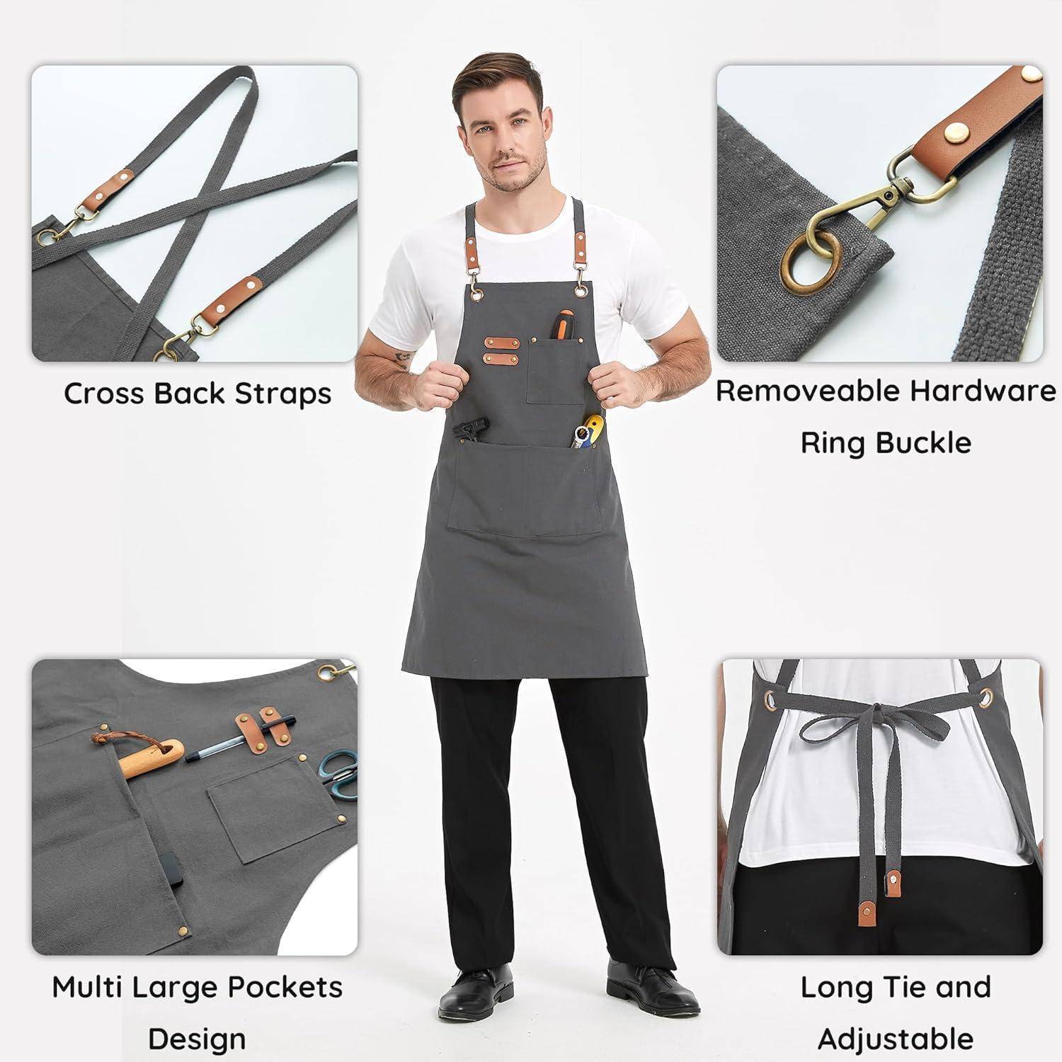Eine Person mit einem grauen Schürzenträger wird gezeigt. Hervorgehobene Merkmale: Kreuzrückenträger, abnehmbarer Hardware-Ringverschluss, mehrere große Taschen, lange Bindebänder und verstellbares Design.