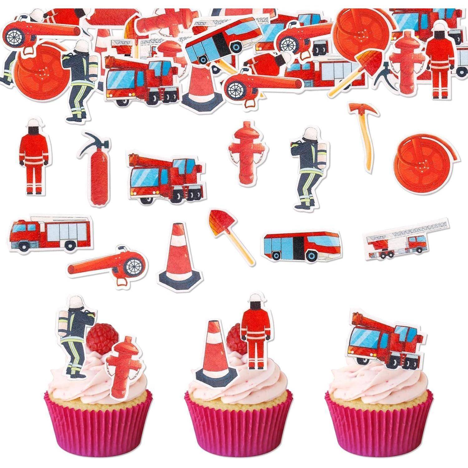 Feuerwehr-Sticker und Cupcake-Topper mit Feuerwehrwagen, Hydranten und Feuerwehrleuten, die zum Dekorieren von Cupcakes verwendet werden.