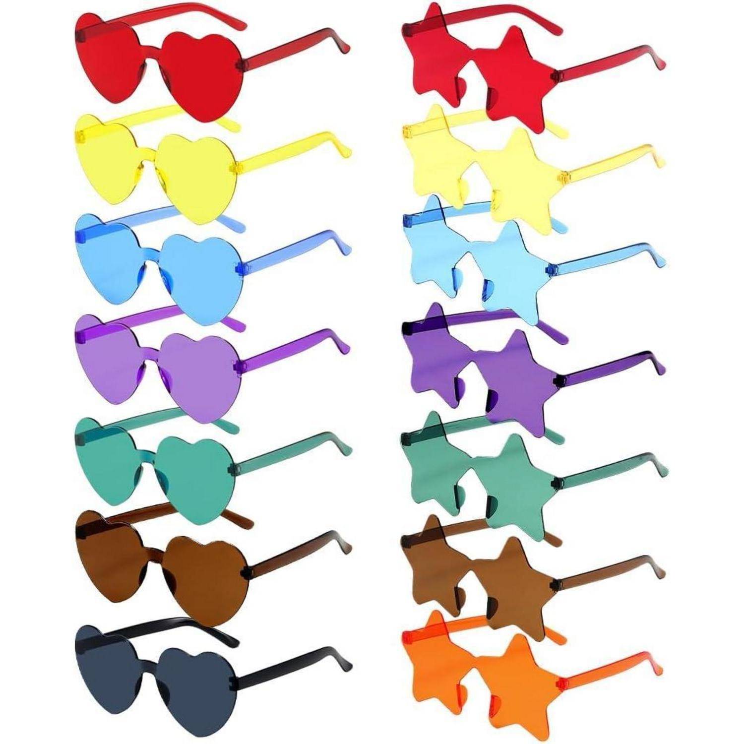 Farbenfrohe Partybrillen mit Herz- und Sternformen in verschiedenen Farben, darunter Rot, Gelb, Blau, Grün, Lila und Braun.
