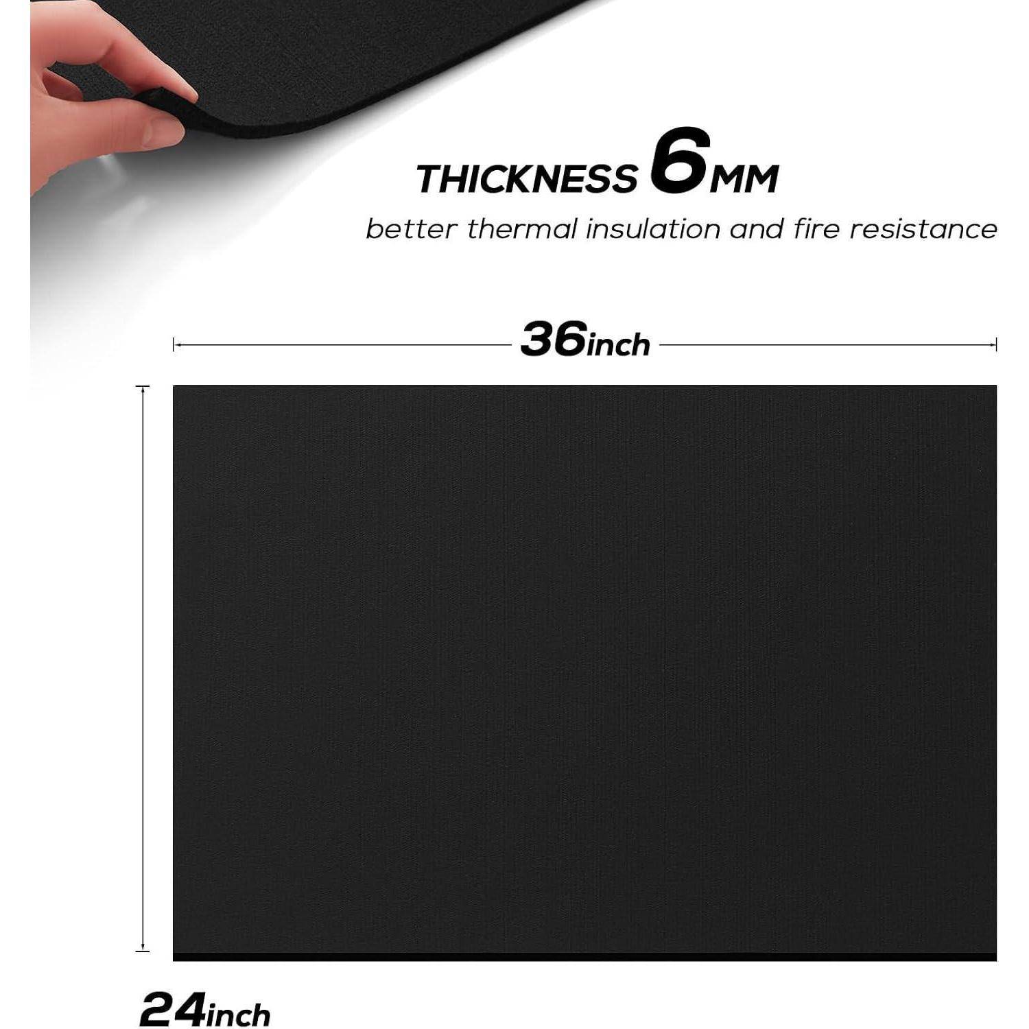 Das Bild zeigt eine schwarze Matte mit den Abmessungen 36 Zoll mal 24 Zoll und einer Dicke von 6 mm, wobei ihre thermischen Isolations- und Feuerschutzeigenschaften hervorgehoben werden.