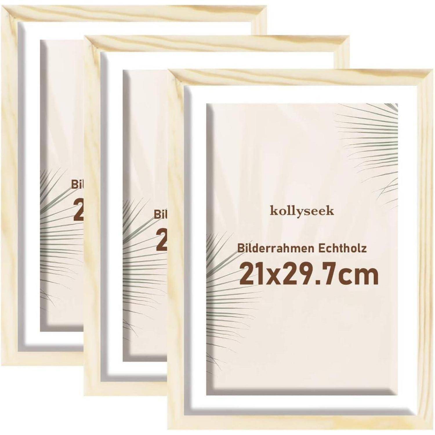 Drei Holz-Bilderrahmen, die jeweils einen Platzhaltertext ‚kollyseek Bilderrahmen Echtholz 21x29.7cm' mit einem dezenten Blattdesign zeigen.