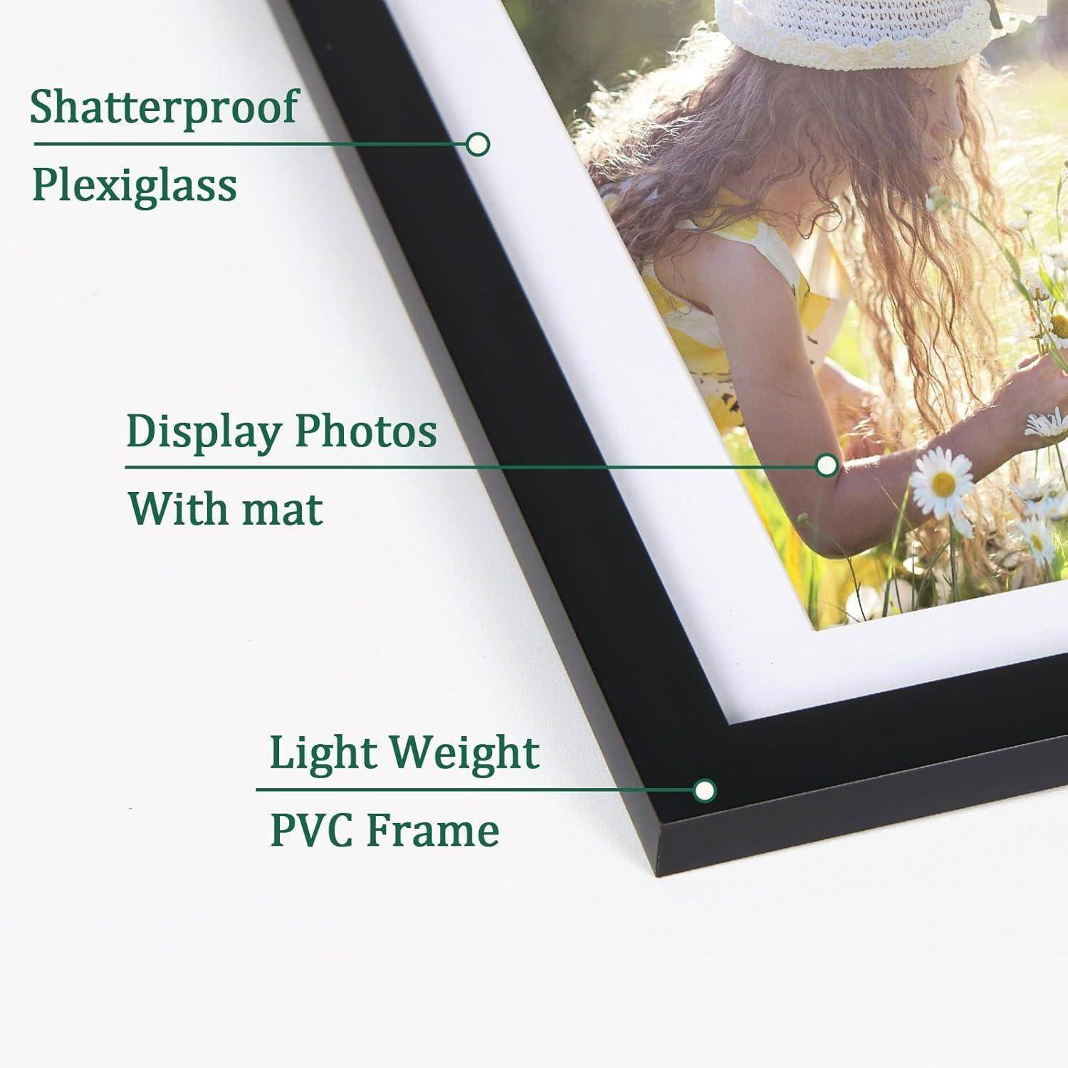 Eine Nahaufnahme eines Bilderrahmens mit folgenden Merkmalen: „Splitterfreies Plexiglas