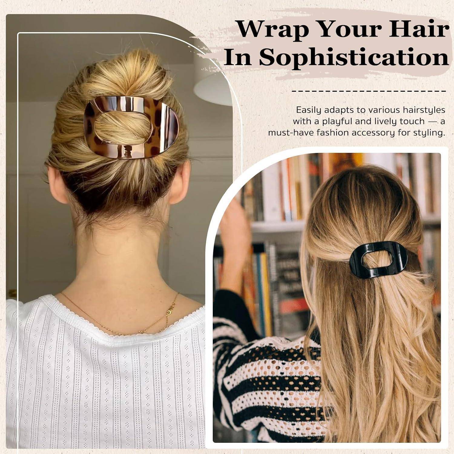 Zwei Frauen präsentieren Frisuren mit großen Haarspangen. Eine trägt eine Schildpatt-Spange in einem Dutt; die andere hat eine schwarze Spange in einem Halb-Hochsteck.