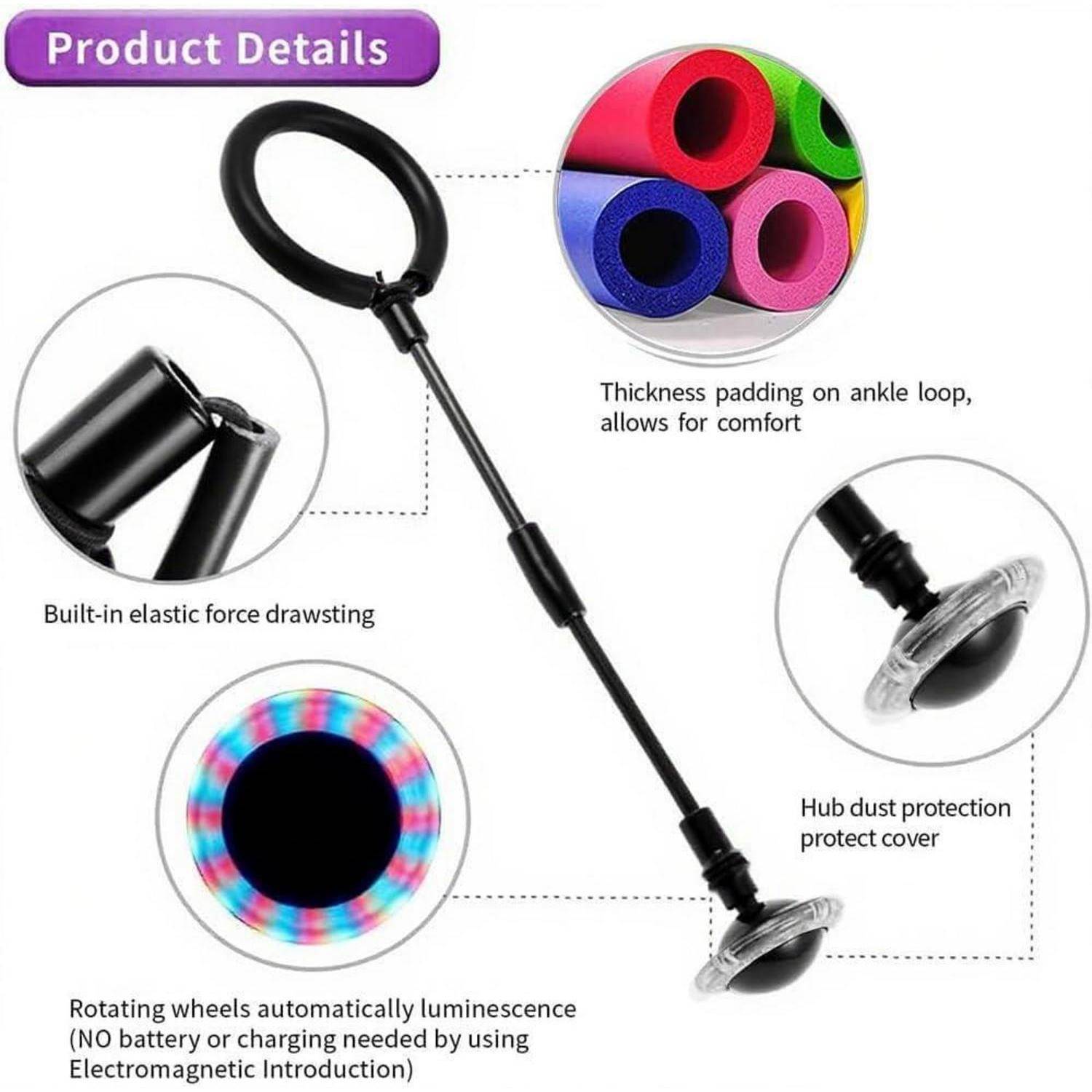 Produktdetails: Bild eines rotierenden Übungsrads mit gepolsterter Knöschelschlaufe, elastischem Zugband, Nabenstaubschutz und automatischer Leuchtfunktion.
